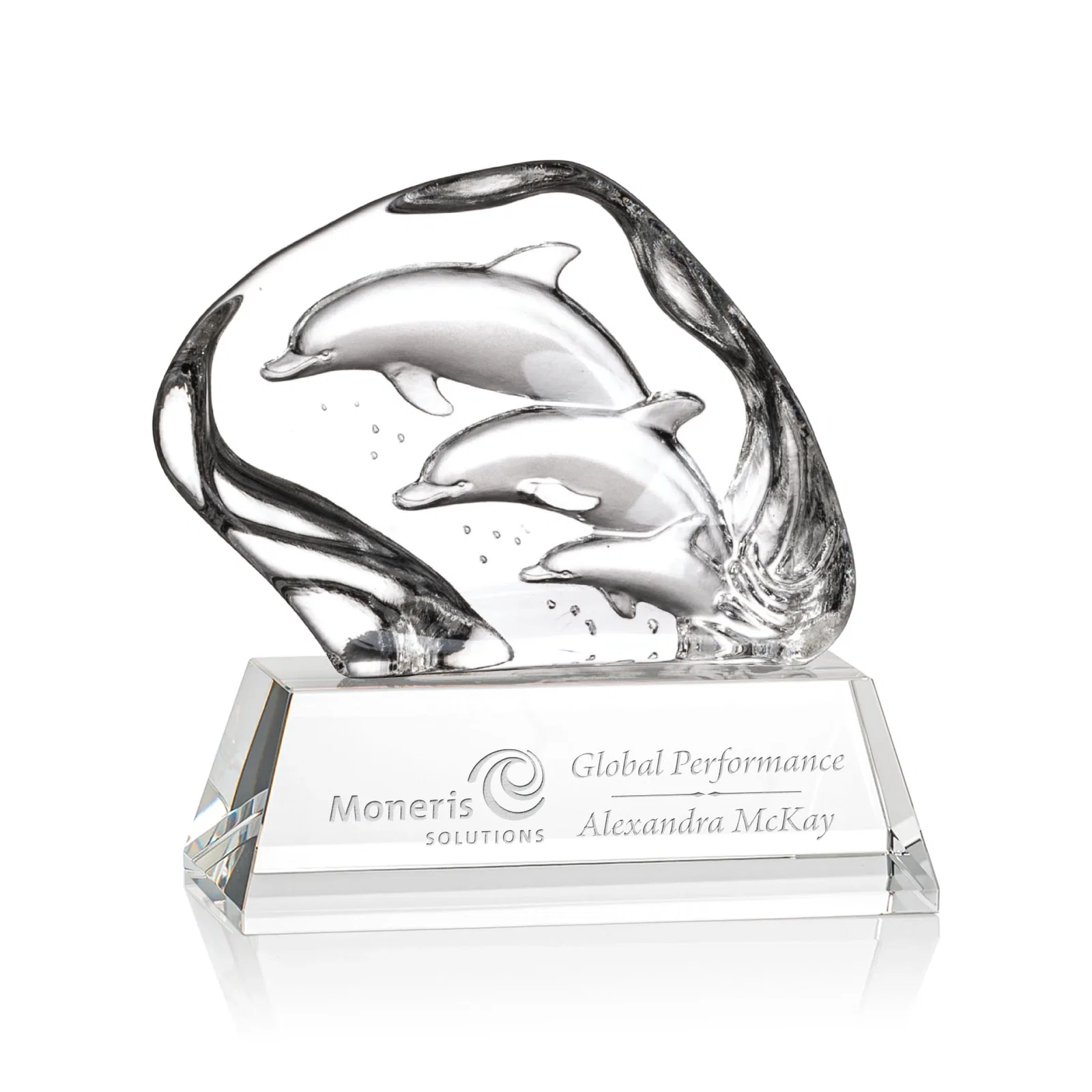 Custom Optical Crystal Iceberg Award With Three Molded Dolphins, awards for corporate award ceremonies