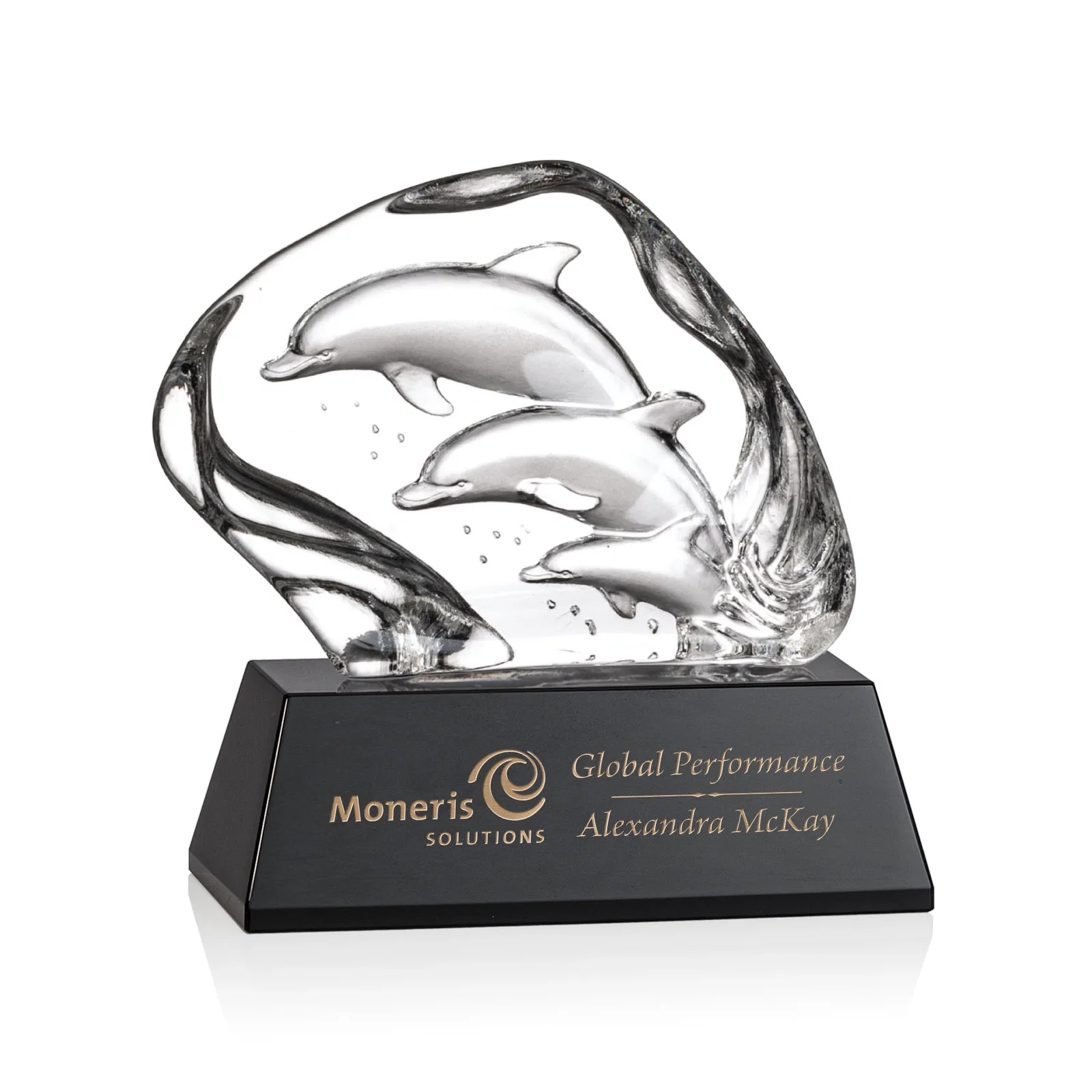 Custom Optical Crystal Iceberg Award With Three Molded Dolphins, awards for service anniversary gifts