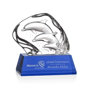 Optical Crystal Iceberg Award With Three Molded Dolphins