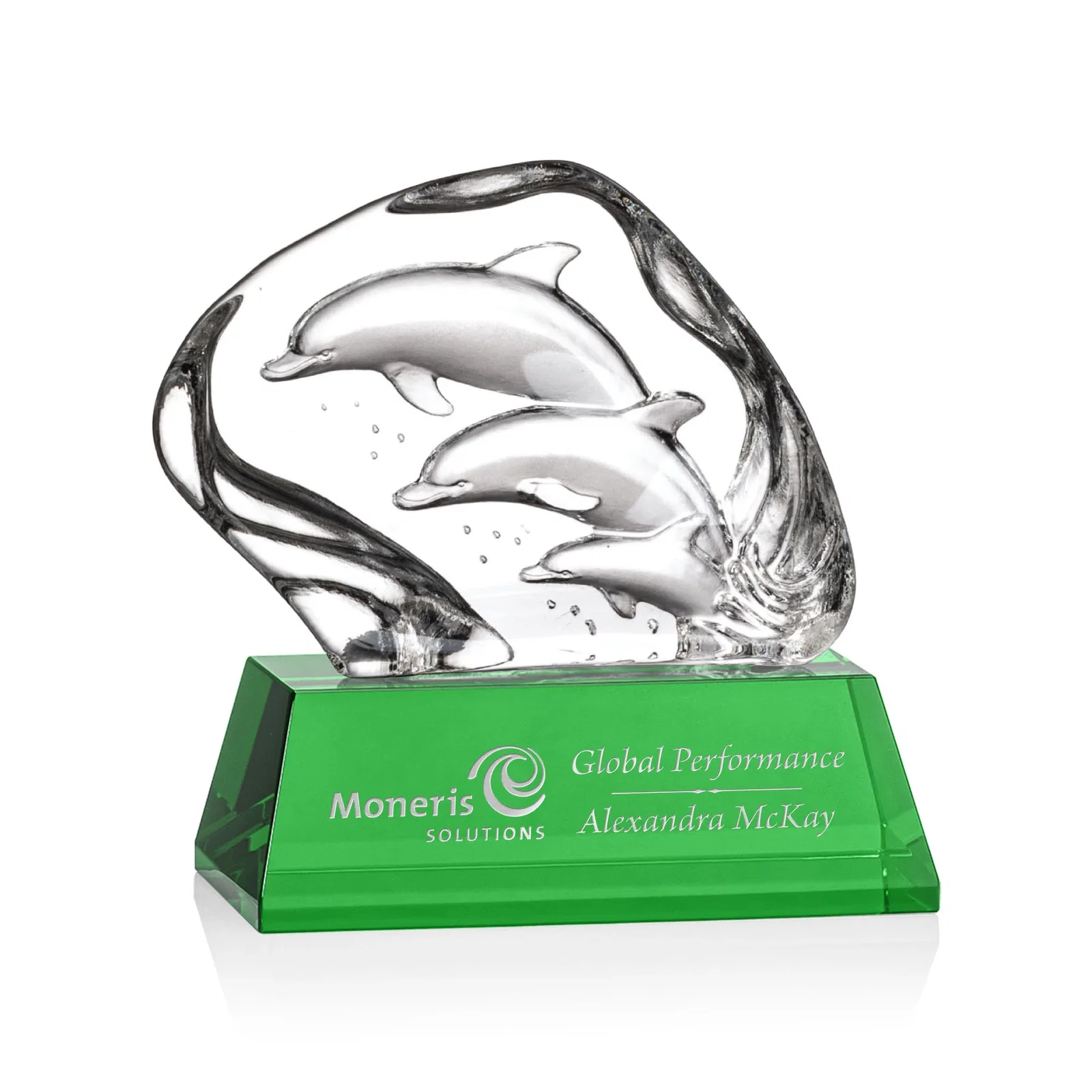 Custom Optical Crystal Iceberg Award With Three Molded Dolphins, awards for retirement presentations