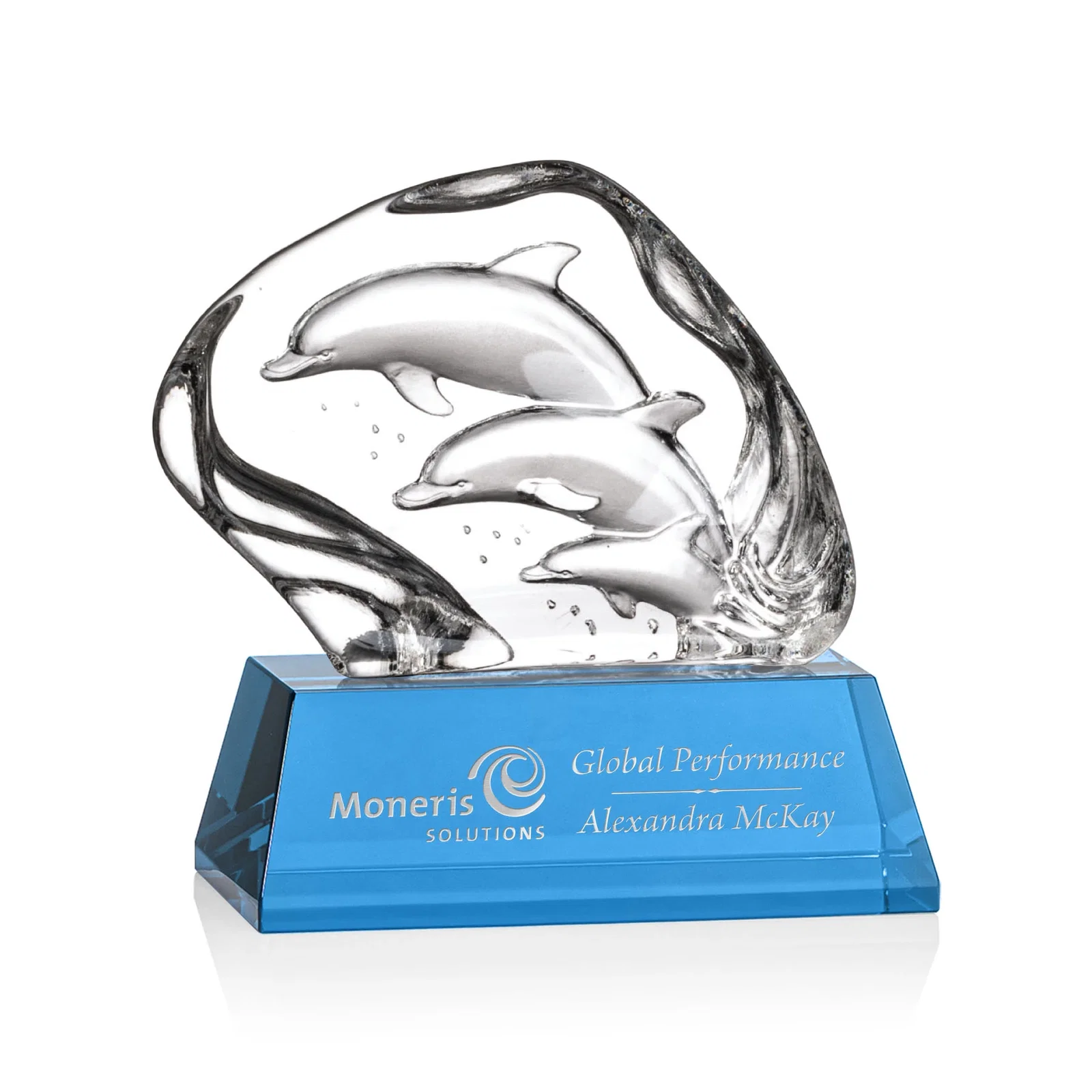 Custom Optical Crystal Iceberg Award With Three Molded Dolphins, awards for team milestone celebrations