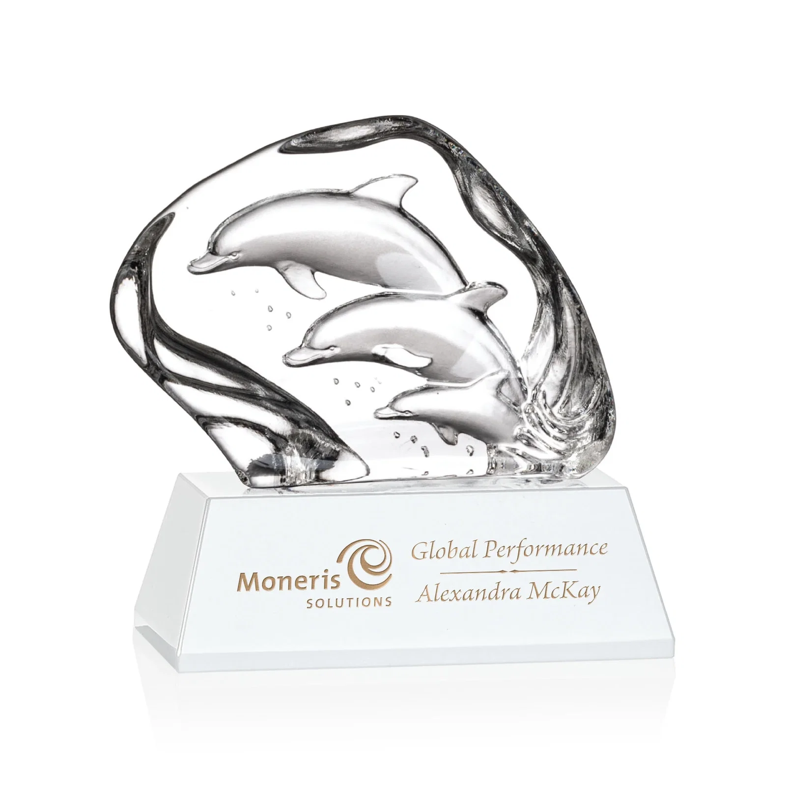 Custom Optical Crystal Iceberg Award With Three Molded Dolphins, awards for donor appreciation