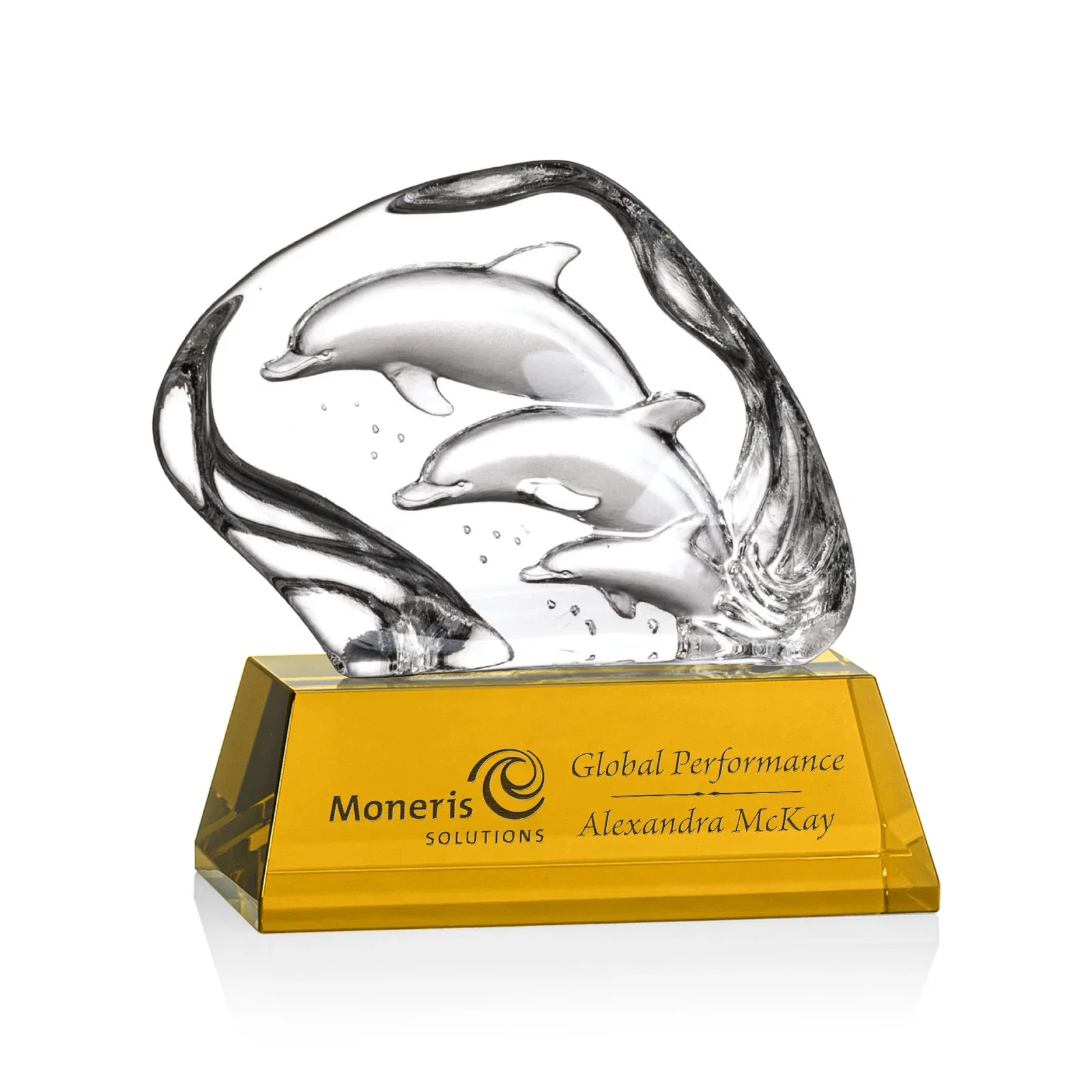 Custom Optical Crystal Iceberg Award With Three Molded Dolphins, awards for graduation ceremonies