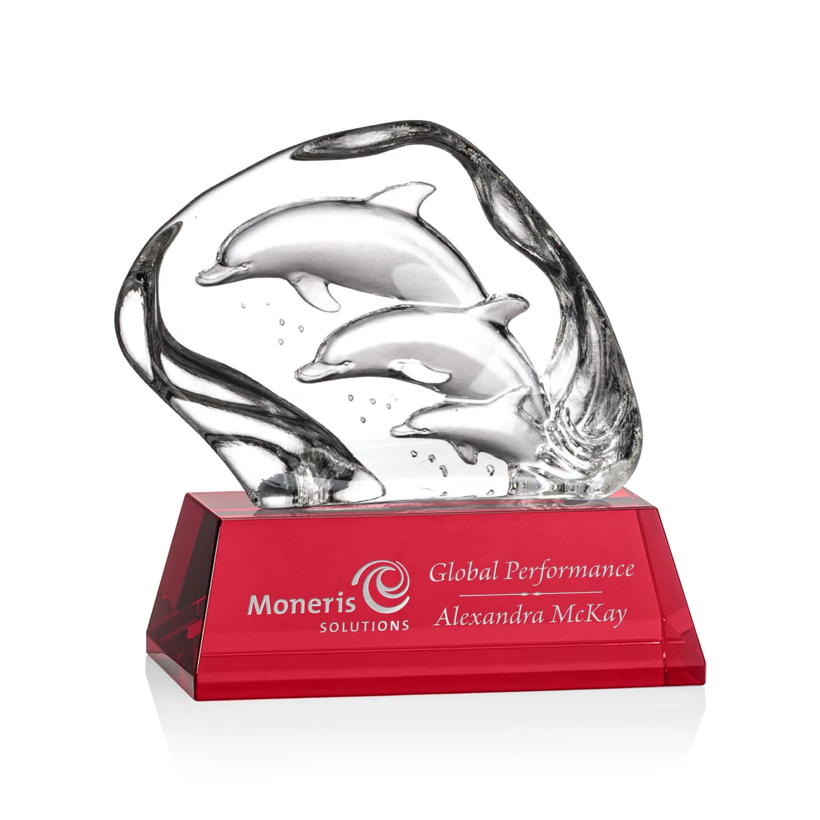 Custom Optical Crystal Iceberg Award With Three Molded Dolphins, awards for safety achievement programs