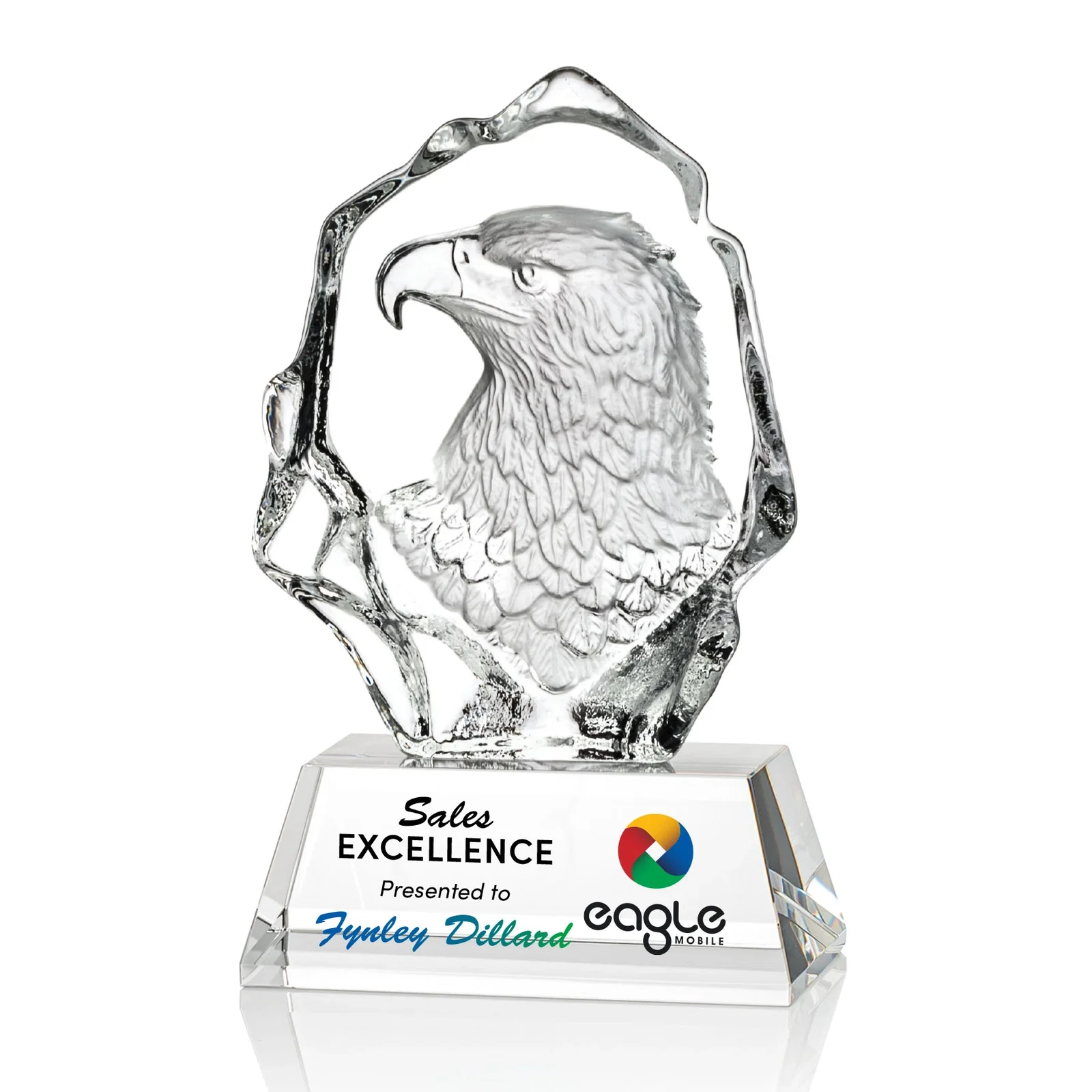 Custom Optical Crystal Iceberg Award With a Molded Eagle Head for dealer and partner awards