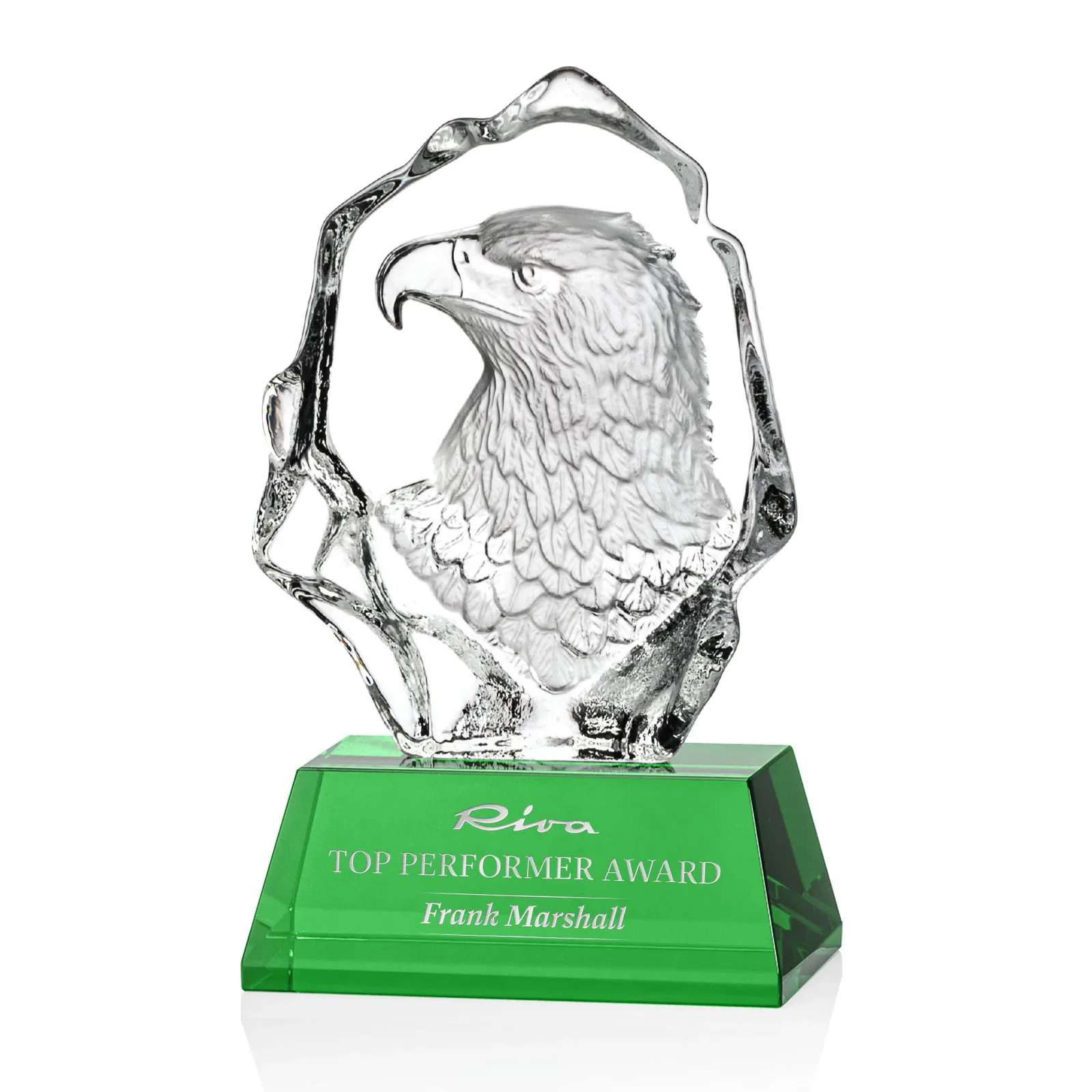 Custom Optical Crystal Iceberg Award With a Molded Eagle Head for retirement presentations