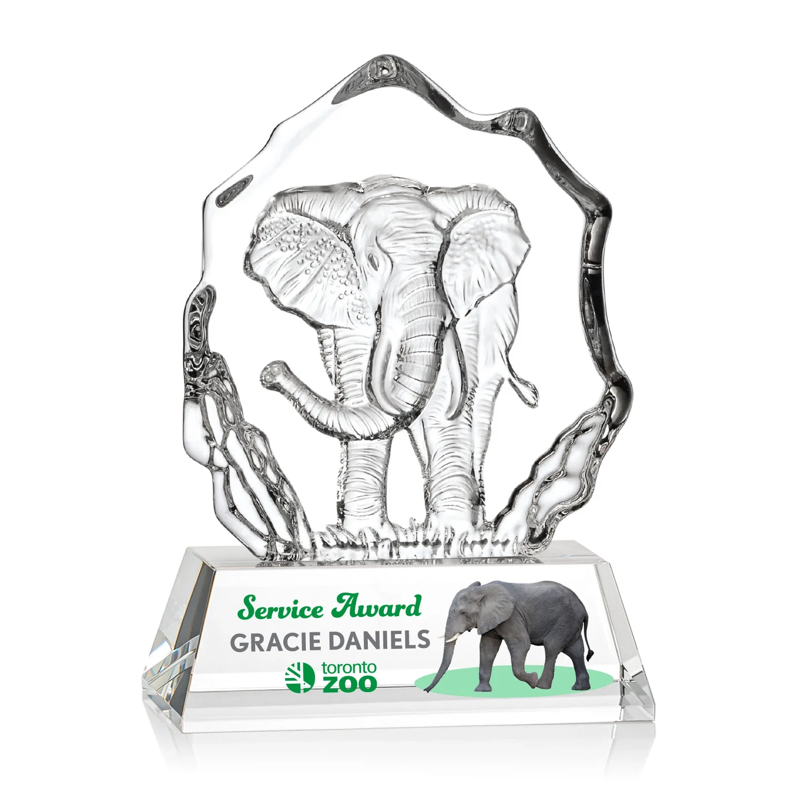 Custom Optical Crystal Iceberg Award With a Molded Elephant, awards for dealer and partner awards
