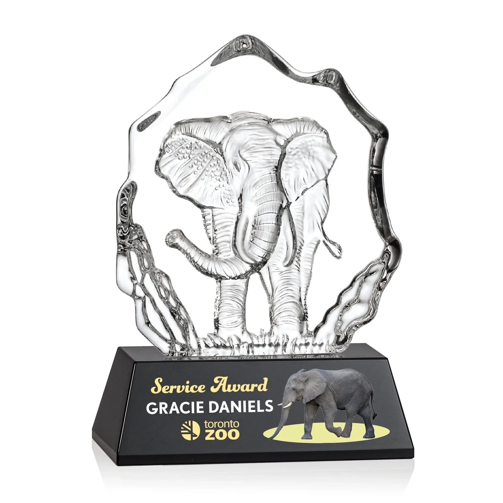 Custom Optical Crystal Iceberg Award With a Molded Elephant, awards for company anniversary events