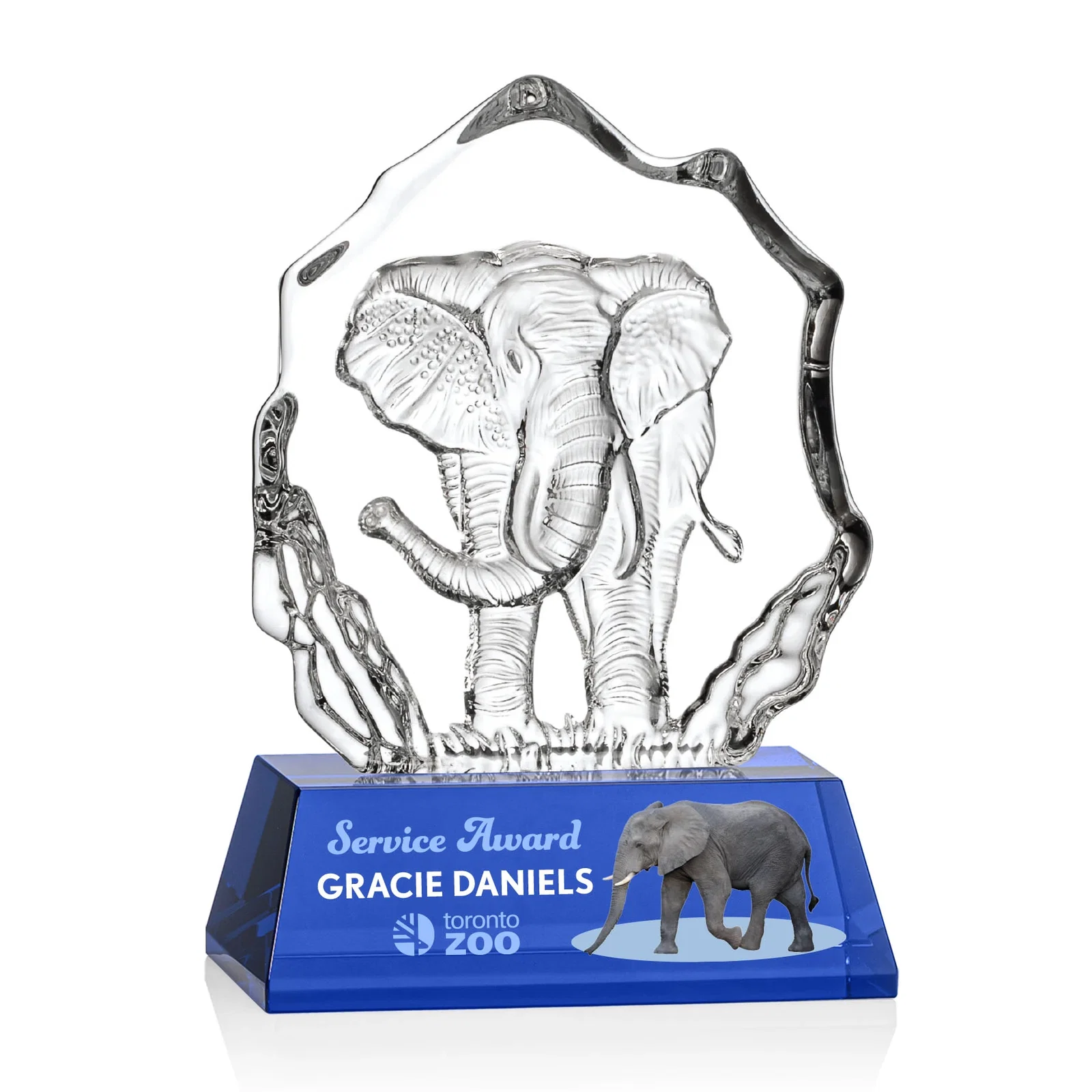 Personalized Optical Crystal Iceberg Award With a Molded Elephant, awards for employee recognition
