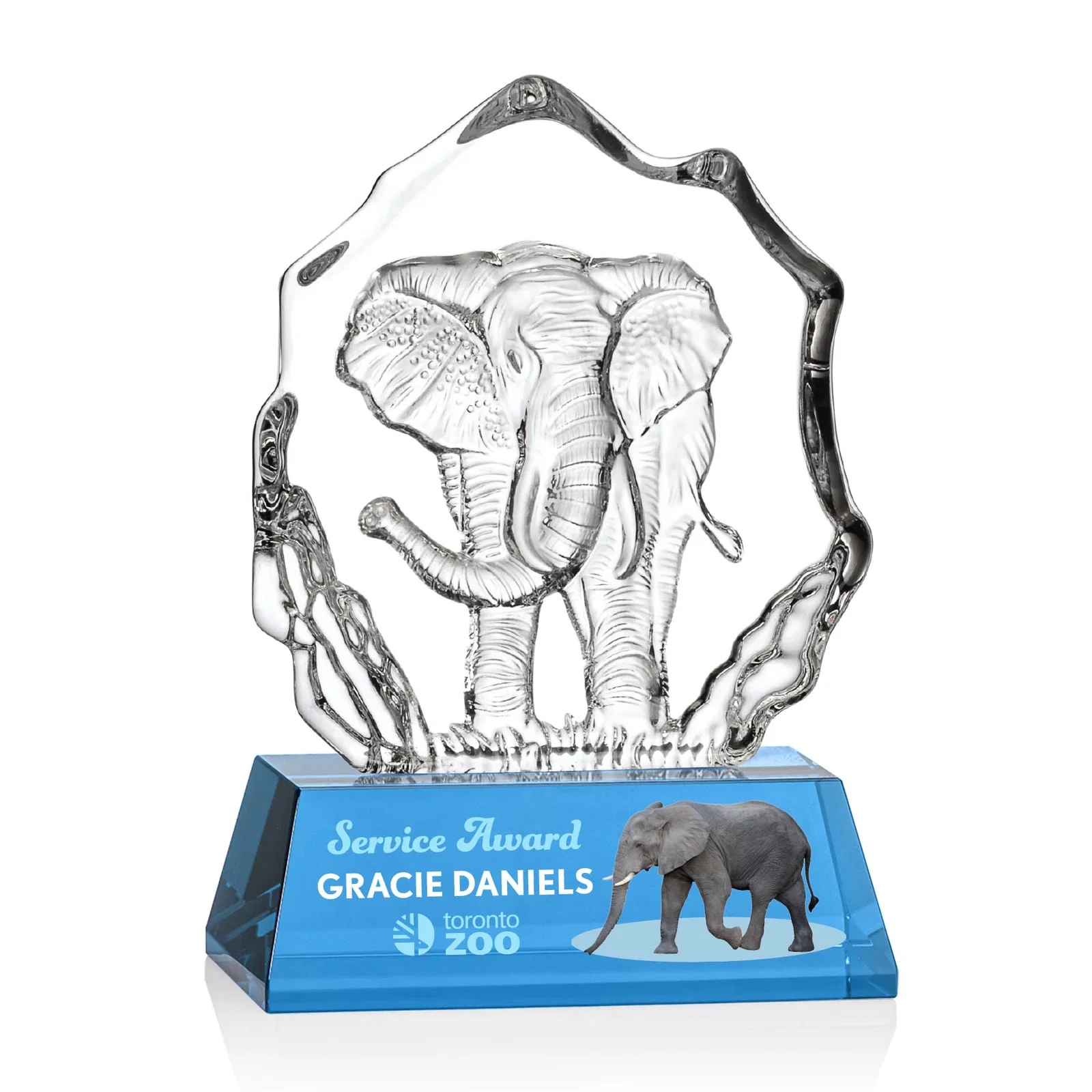 Personalized Optical Crystal Iceberg Award With a Molded Elephant, awards for service anniversary gifts