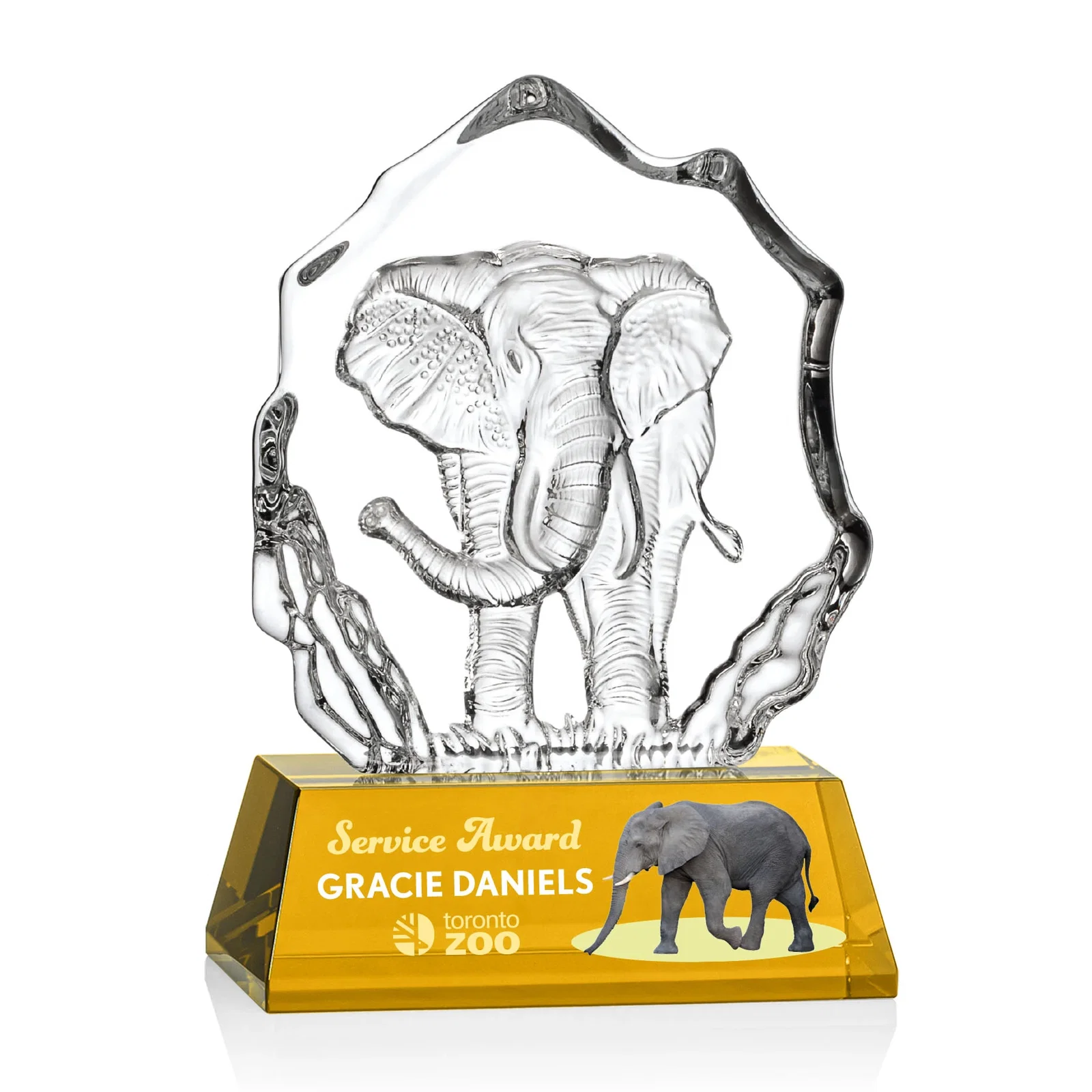 Personalized Optical Crystal Iceberg Award With a Molded Elephant, awards for retirement presentations