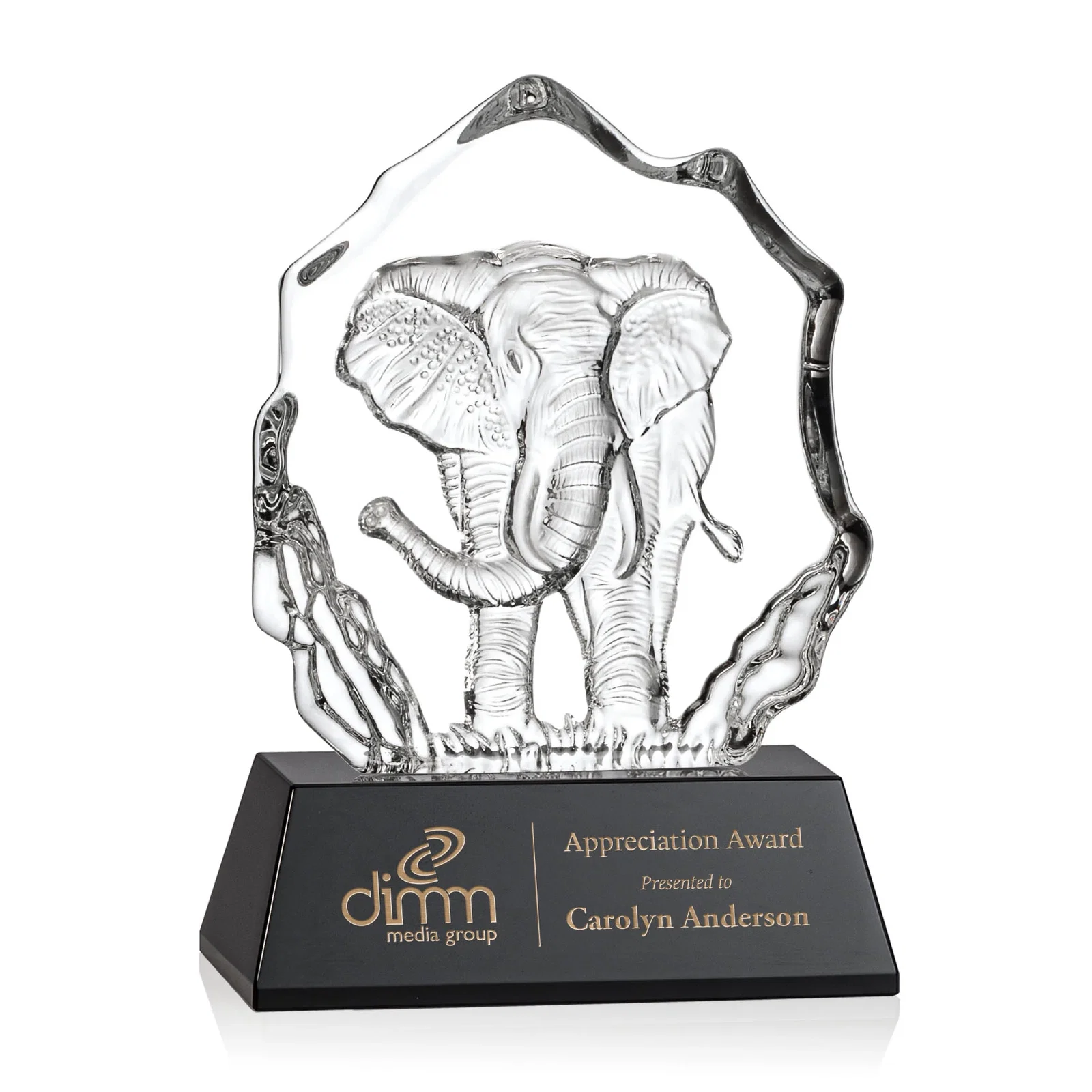 Custom Optical Crystal Iceberg Award With a Molded Elephant, awards for service anniversary gifts
