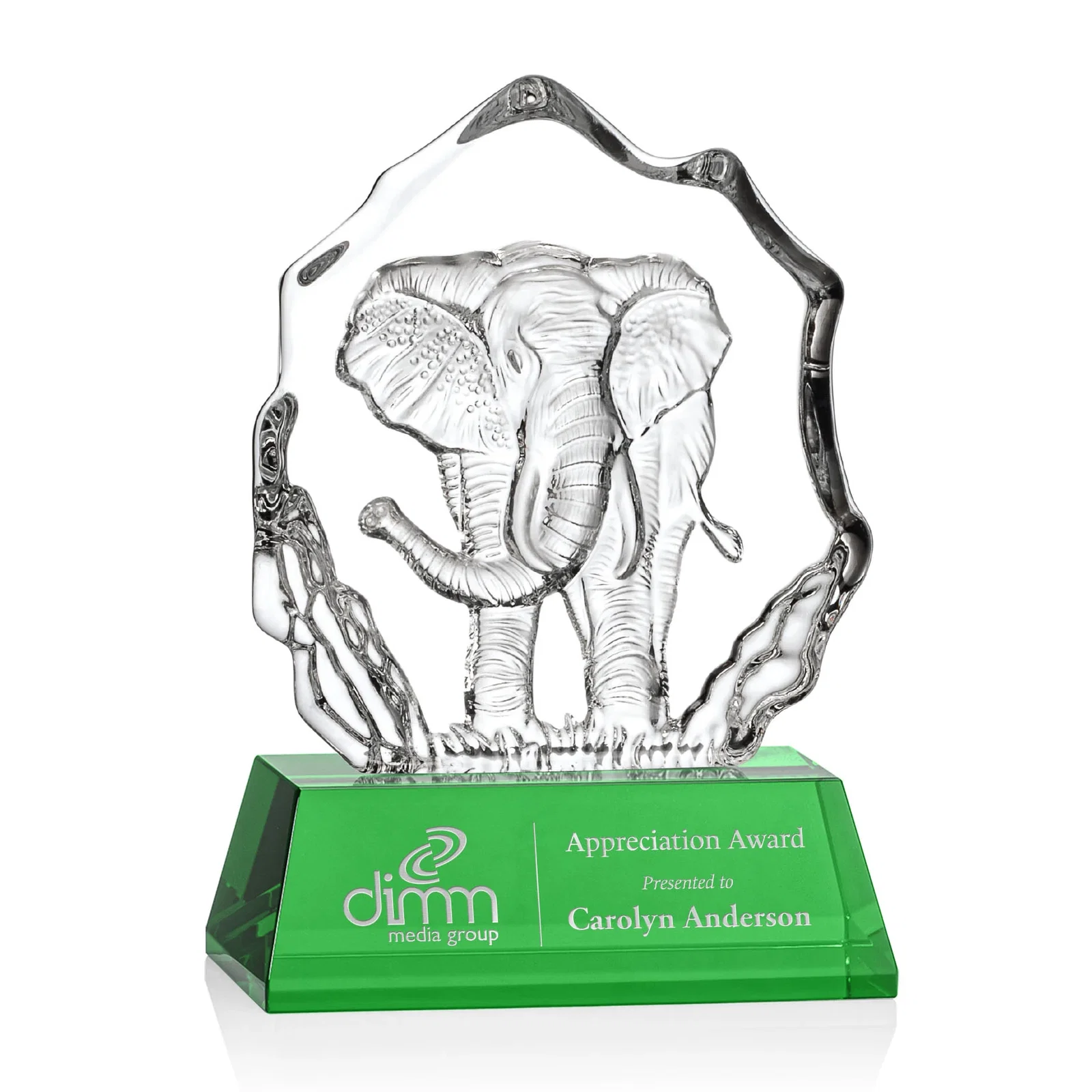 Custom Optical Crystal Iceberg Award With a Molded Elephant, awards for retirement presentations