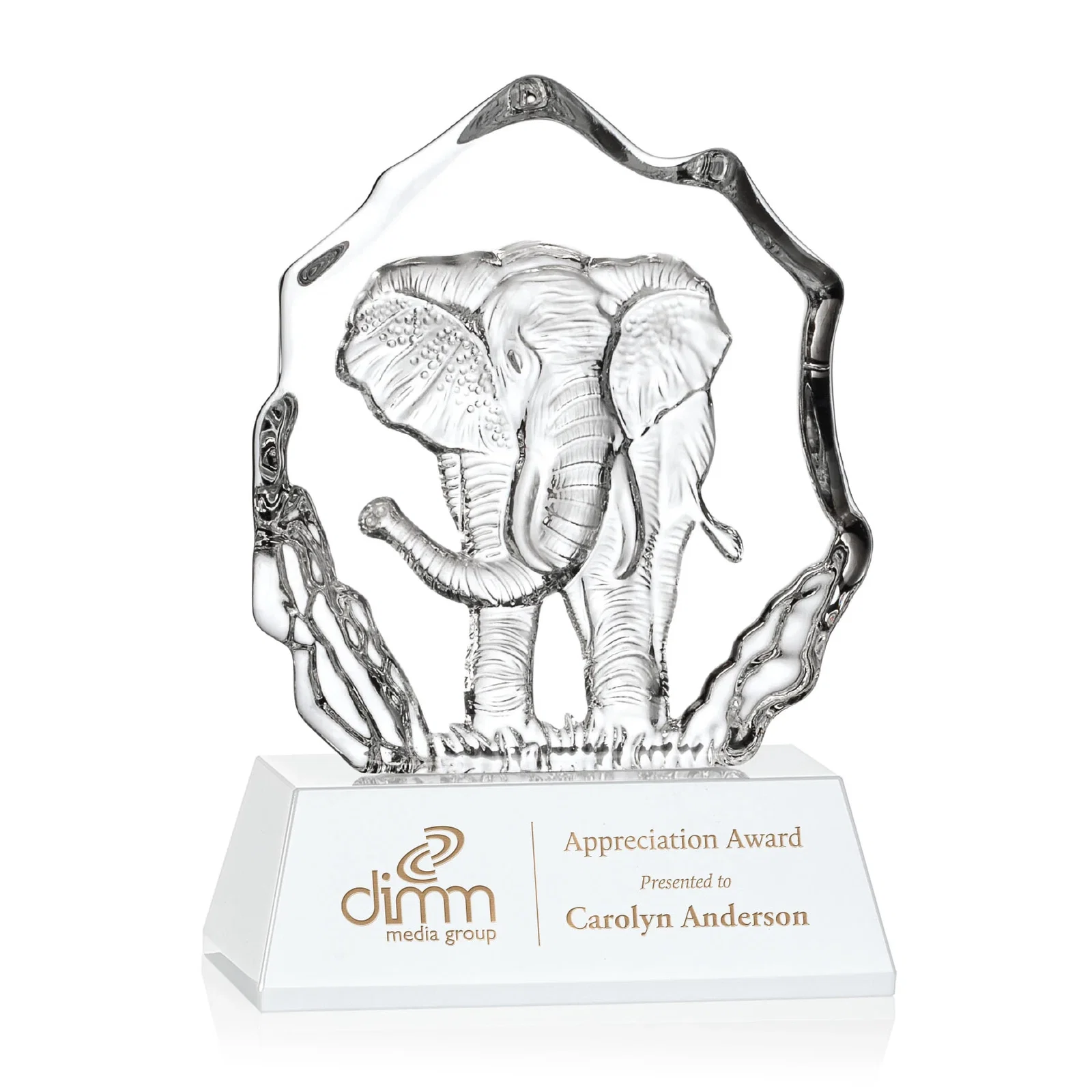 Custom Optical Crystal Iceberg Award With a Molded Elephant, awards for donor appreciation