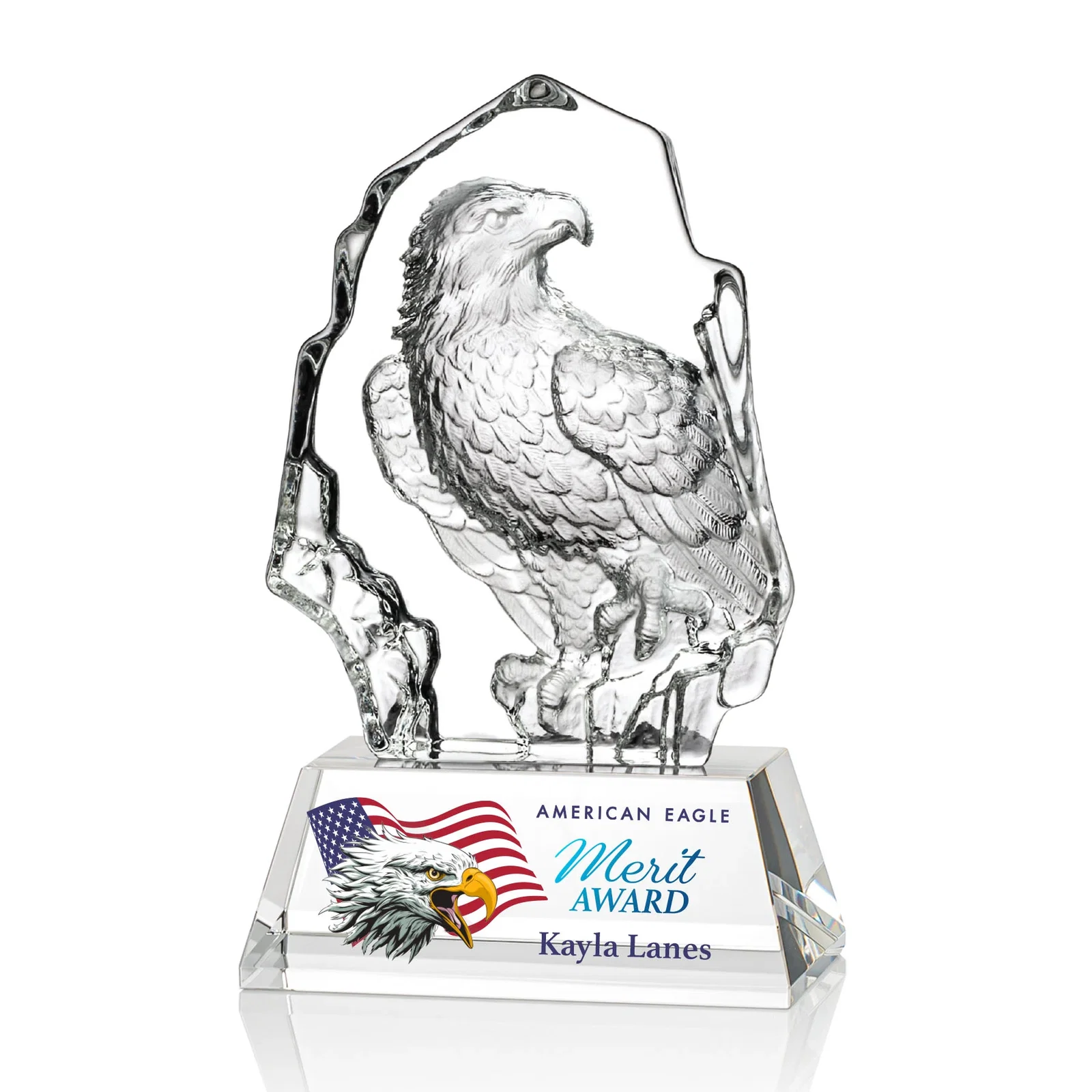 Custom Optical Crystal Iceberg Award With a Molded Bald Eagle Figure for dealer and partner awards