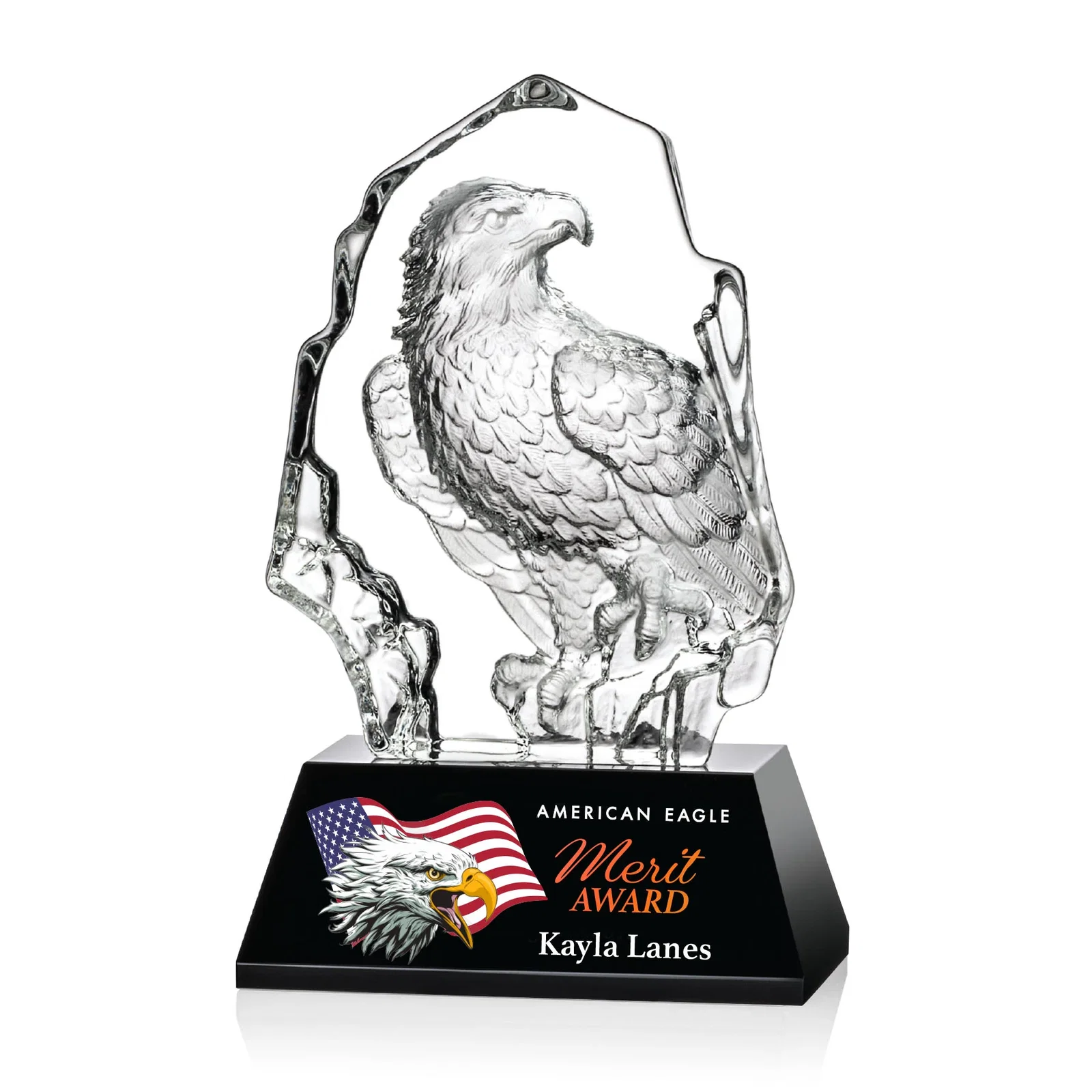 Custom Optical Crystal Iceberg Award With a Molded Bald Eagle Figure for company anniversary events