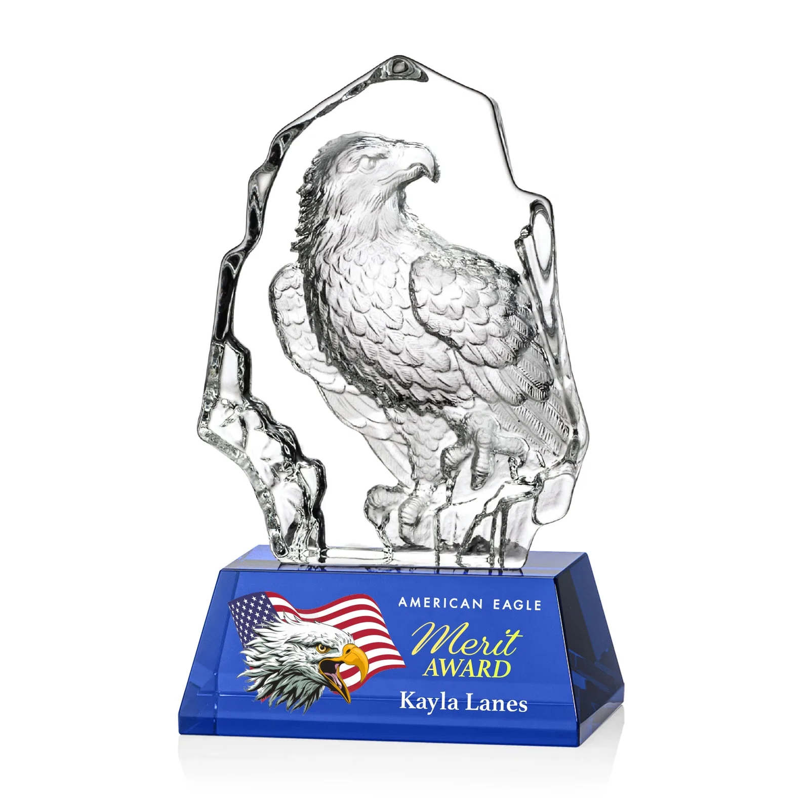 Personalized Optical Crystal Iceberg Award With a Molded Bald Eagle Figure for employee recognition