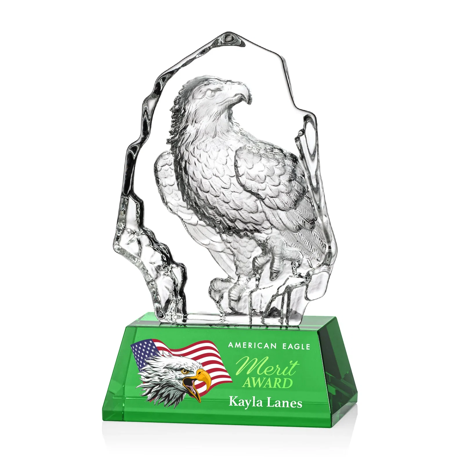 Personalized Optical Crystal Iceberg Award With a Molded Bald Eagle Figure for corporate award ceremonies