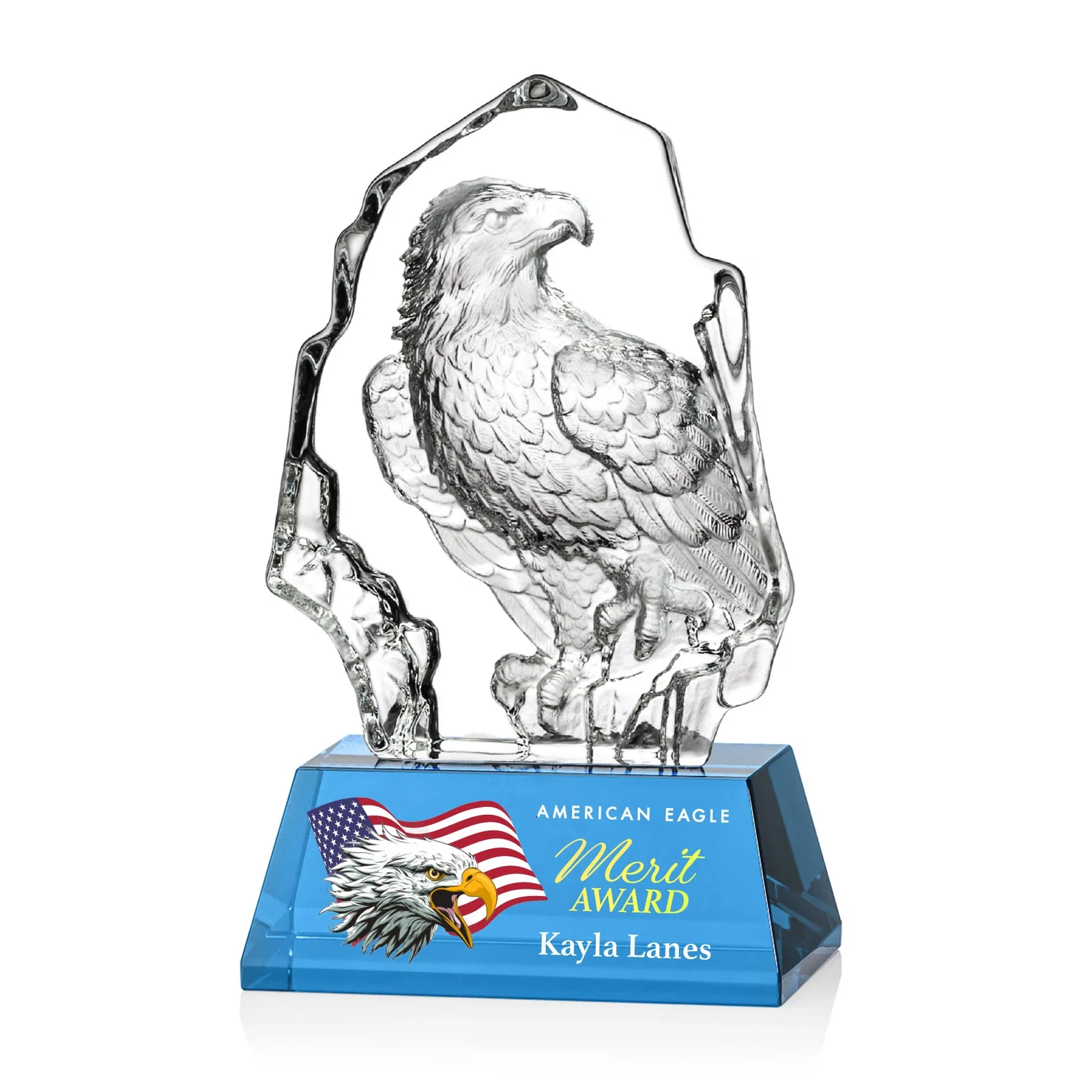 Personalized Optical Crystal Iceberg Award With a Molded Bald Eagle Figure for service anniversary gifts