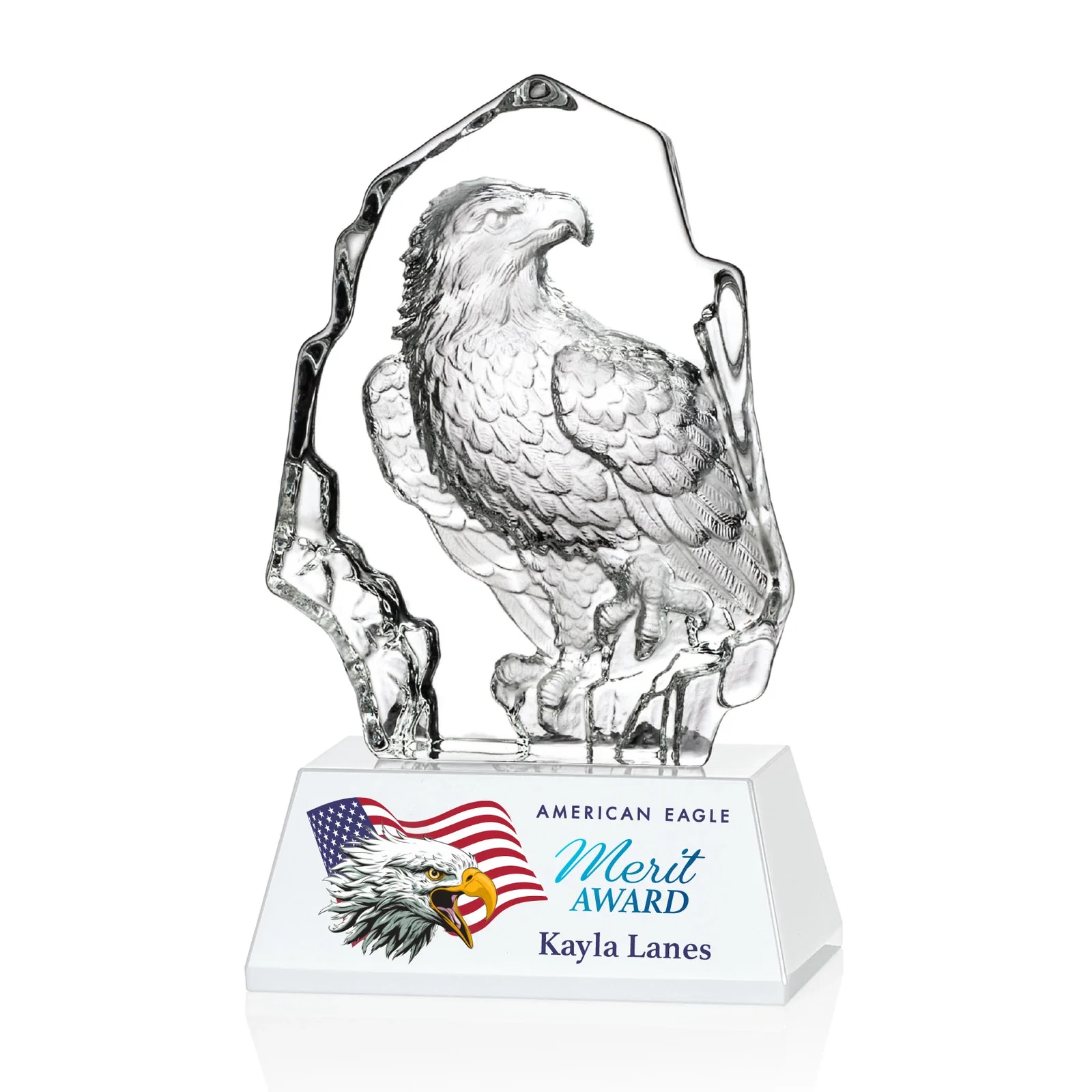 Personalized Optical Crystal Iceberg Award With a Molded Bald Eagle Figure for sales achievement awards