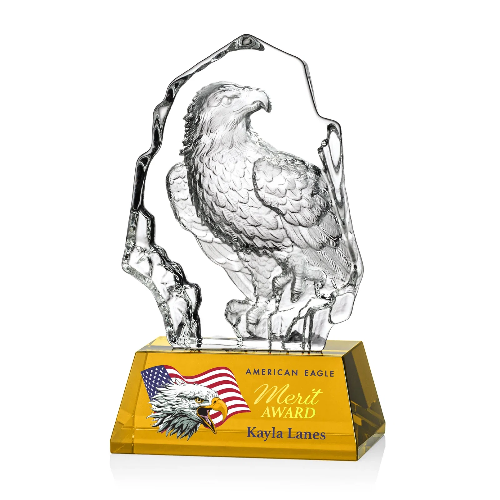 Personalized Optical Crystal Iceberg Award With a Molded Bald Eagle Figure for retirement presentations