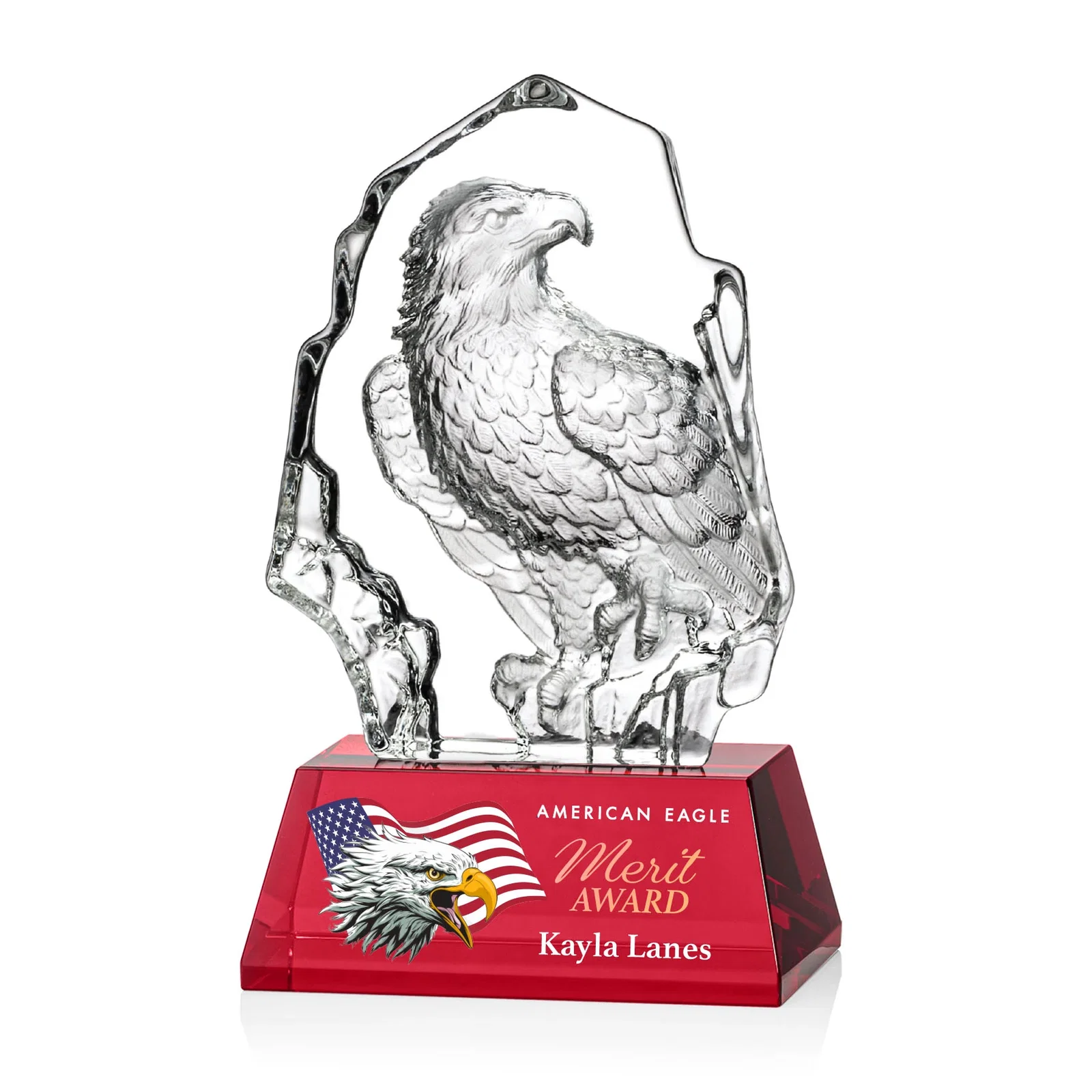Personalized Optical Crystal Iceberg Award With a Molded Bald Eagle Figure for team milestone celebrations