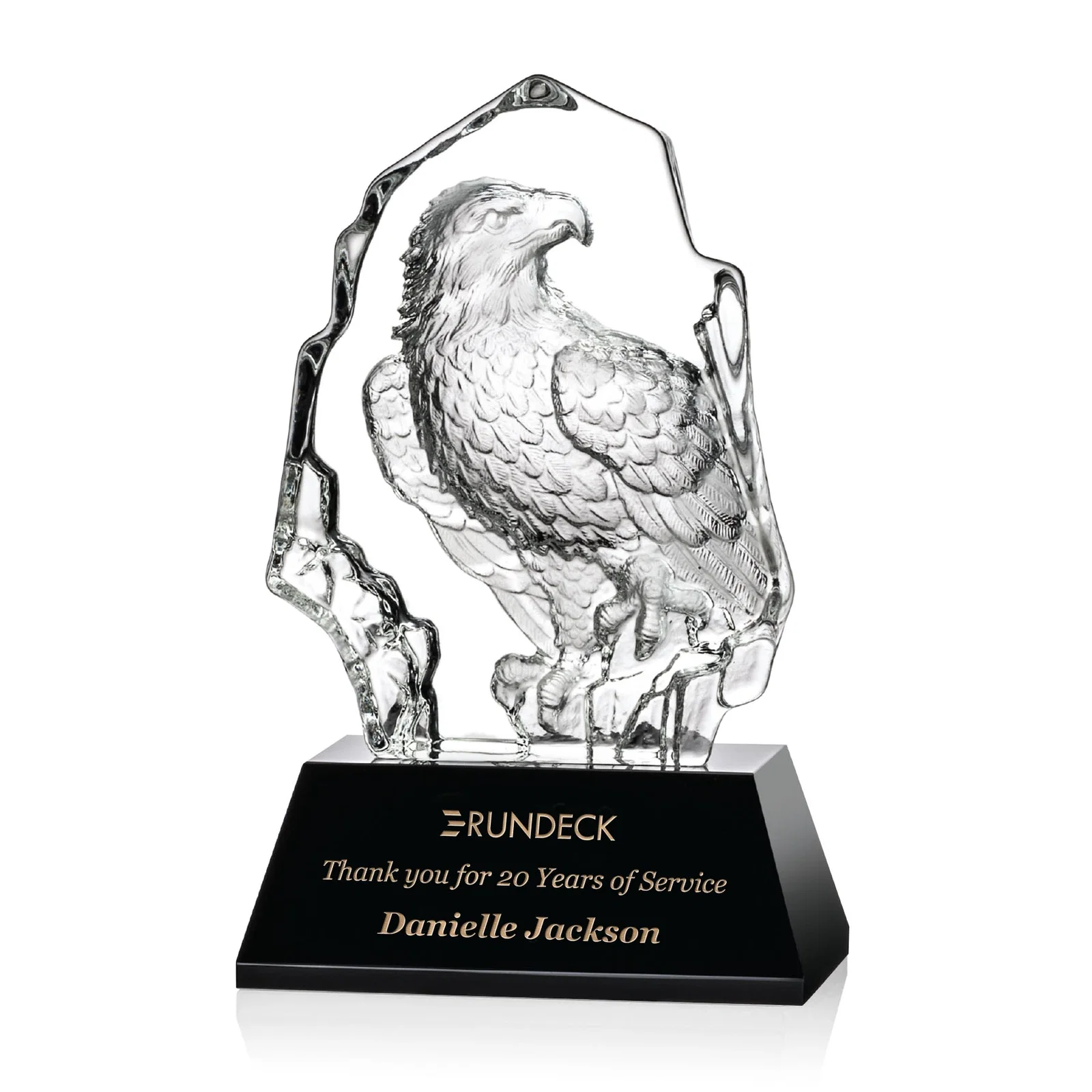 Custom Optical Crystal Iceberg Award With a Molded Bald Eagle Figure for service anniversary gifts