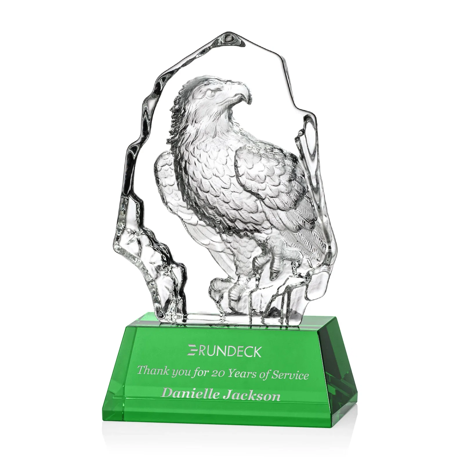 Custom Optical Crystal Iceberg Award With a Molded Bald Eagle Figure for retirement presentations
