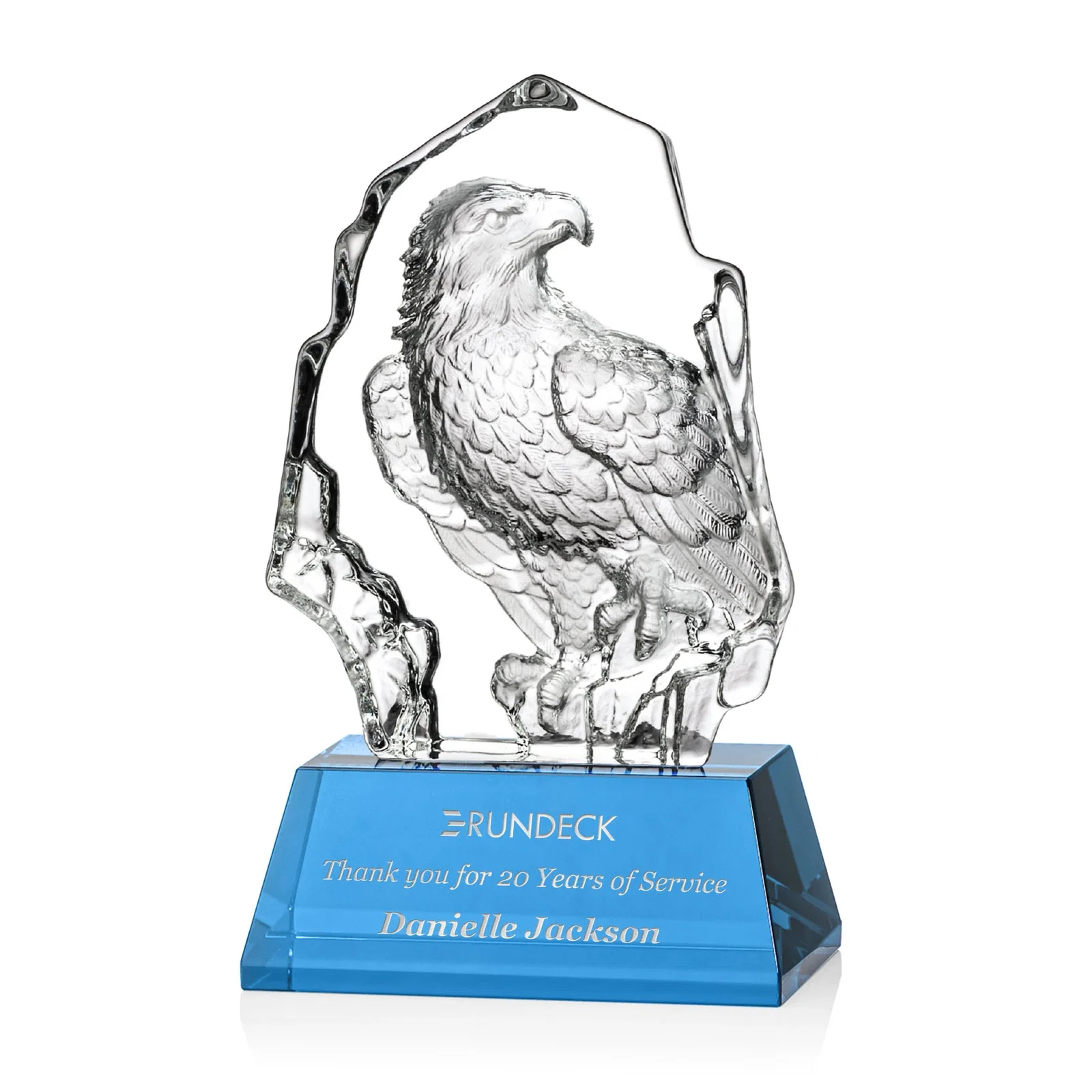 Custom Optical Crystal Iceberg Award With a Molded Bald Eagle Figure for team milestone celebrations