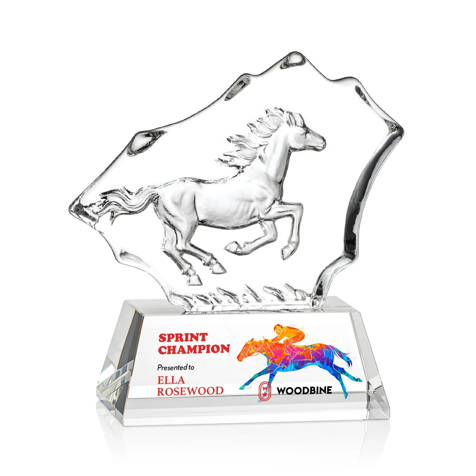 Custom Optical Crystal Iceberg Award With a Molded Stallion, awards for dealer and partner awards