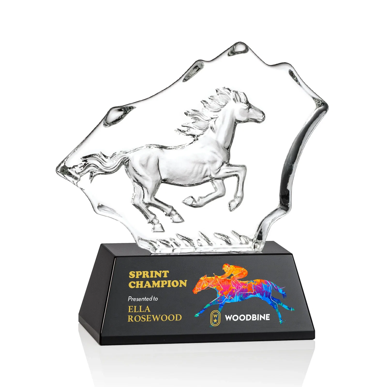 Custom Optical Crystal Iceberg Award With a Molded Stallion, awards for company anniversary events