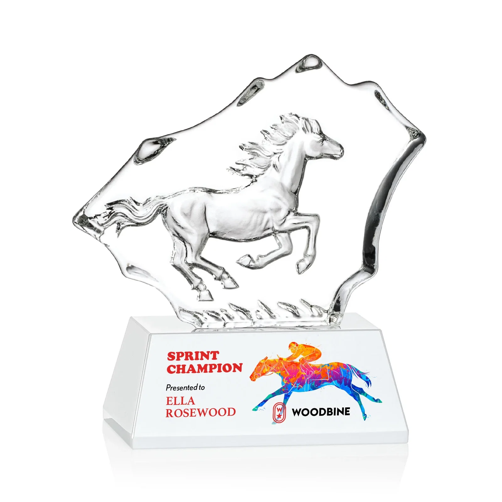 Personalized Optical Crystal Iceberg Award With a Molded Stallion, awards for sales achievement awards