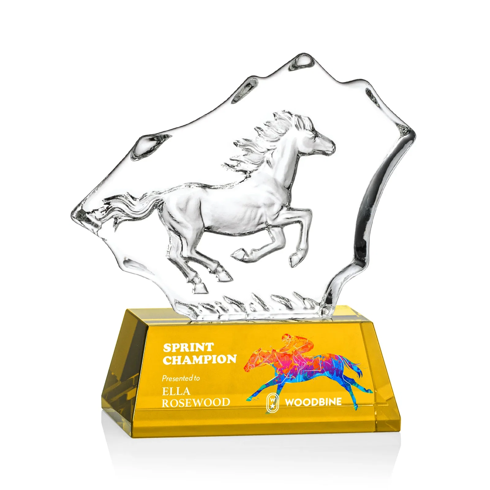 Personalized Optical Crystal Iceberg Award With a Molded Stallion, awards for retirement presentations