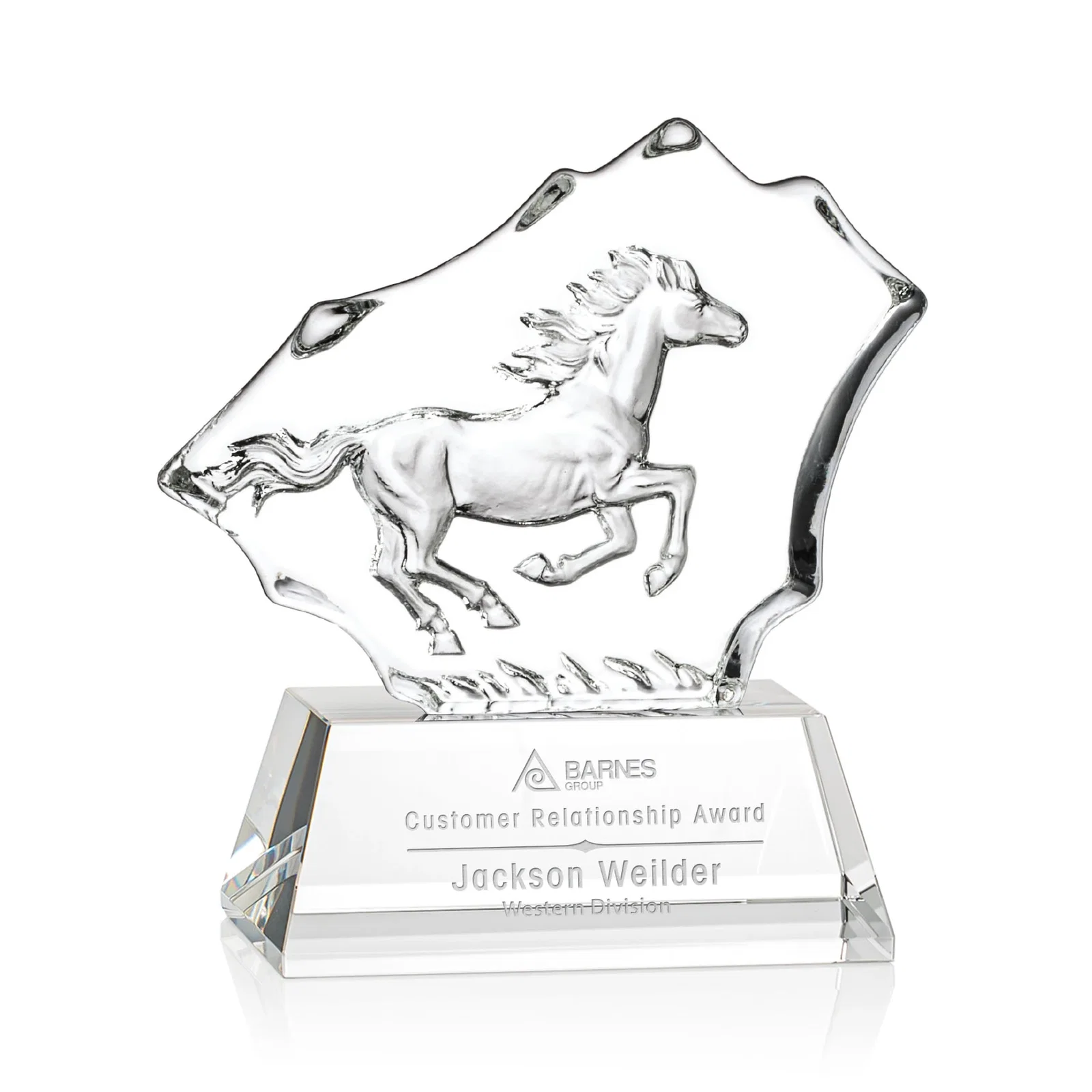 Custom Optical Crystal Iceberg Award With a Molded Stallion, awards for corporate award ceremonies