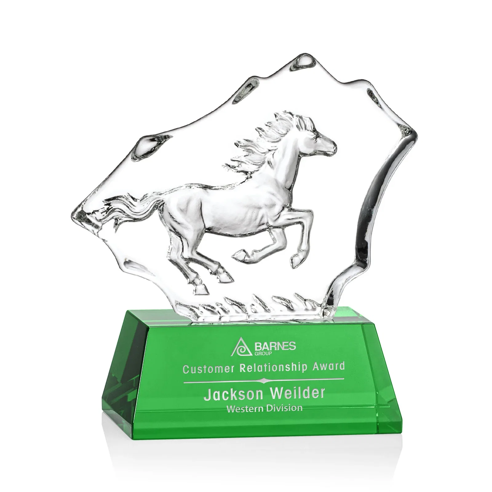 Custom Optical Crystal Iceberg Award With a Molded Stallion, awards for retirement presentations