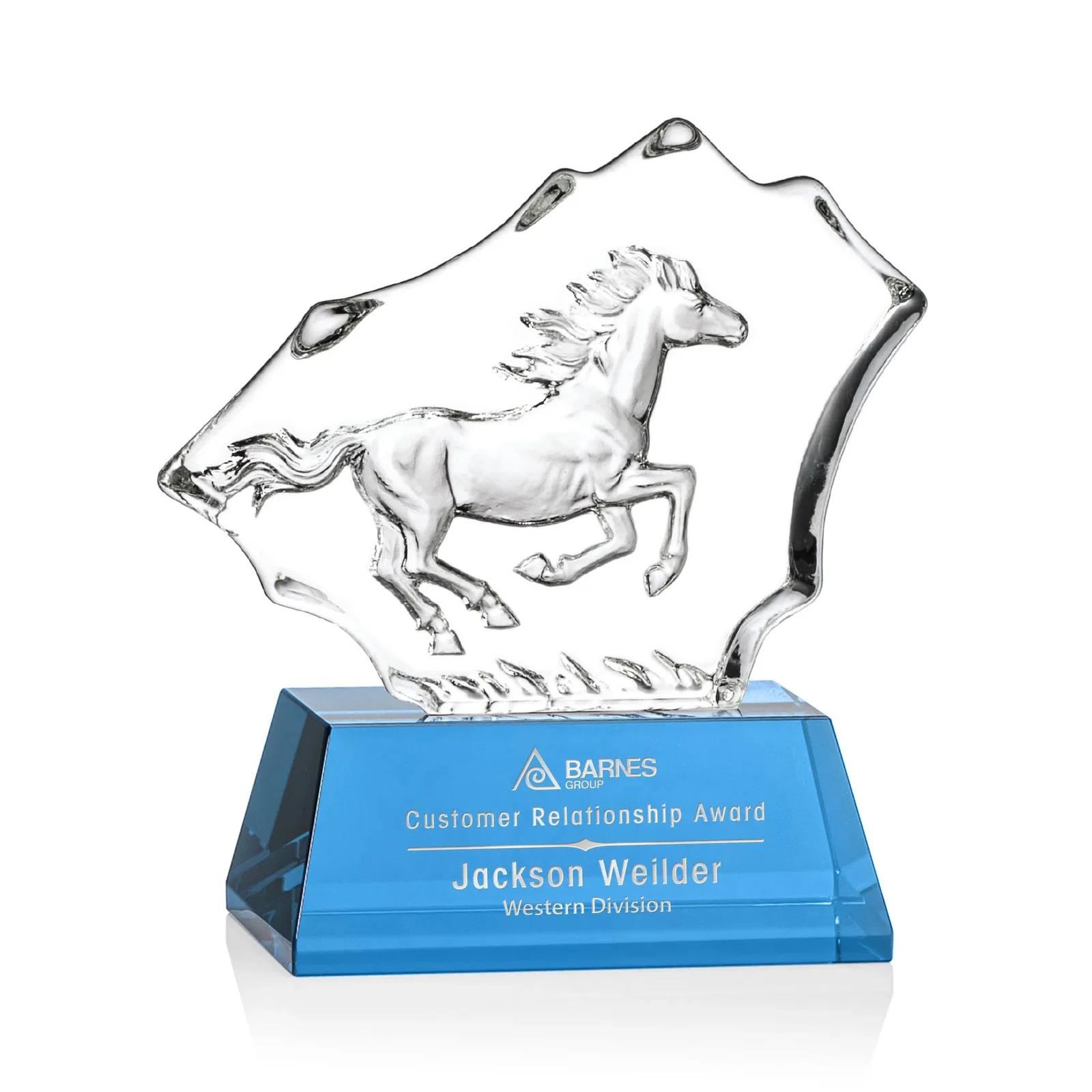 Custom Optical Crystal Iceberg Award With a Molded Stallion, awards for team milestone celebrations