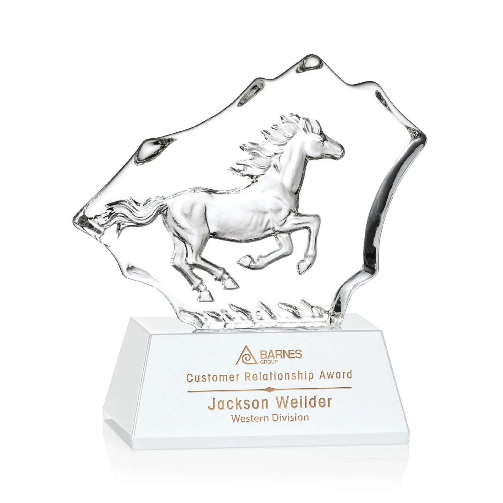 Custom Optical Crystal Iceberg Award With a Molded Stallion, awards for donor appreciation