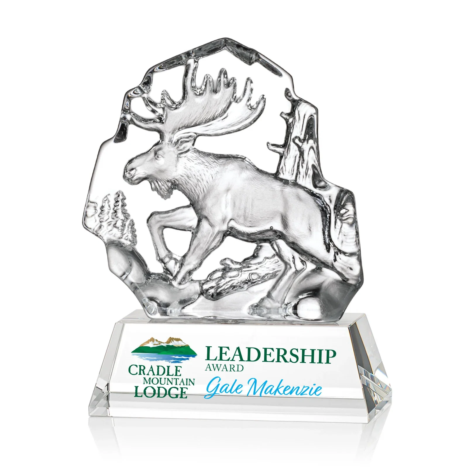 Custom Optical Crystal Iceberg Award With a Molded Moose, awards for dealer and partner awards