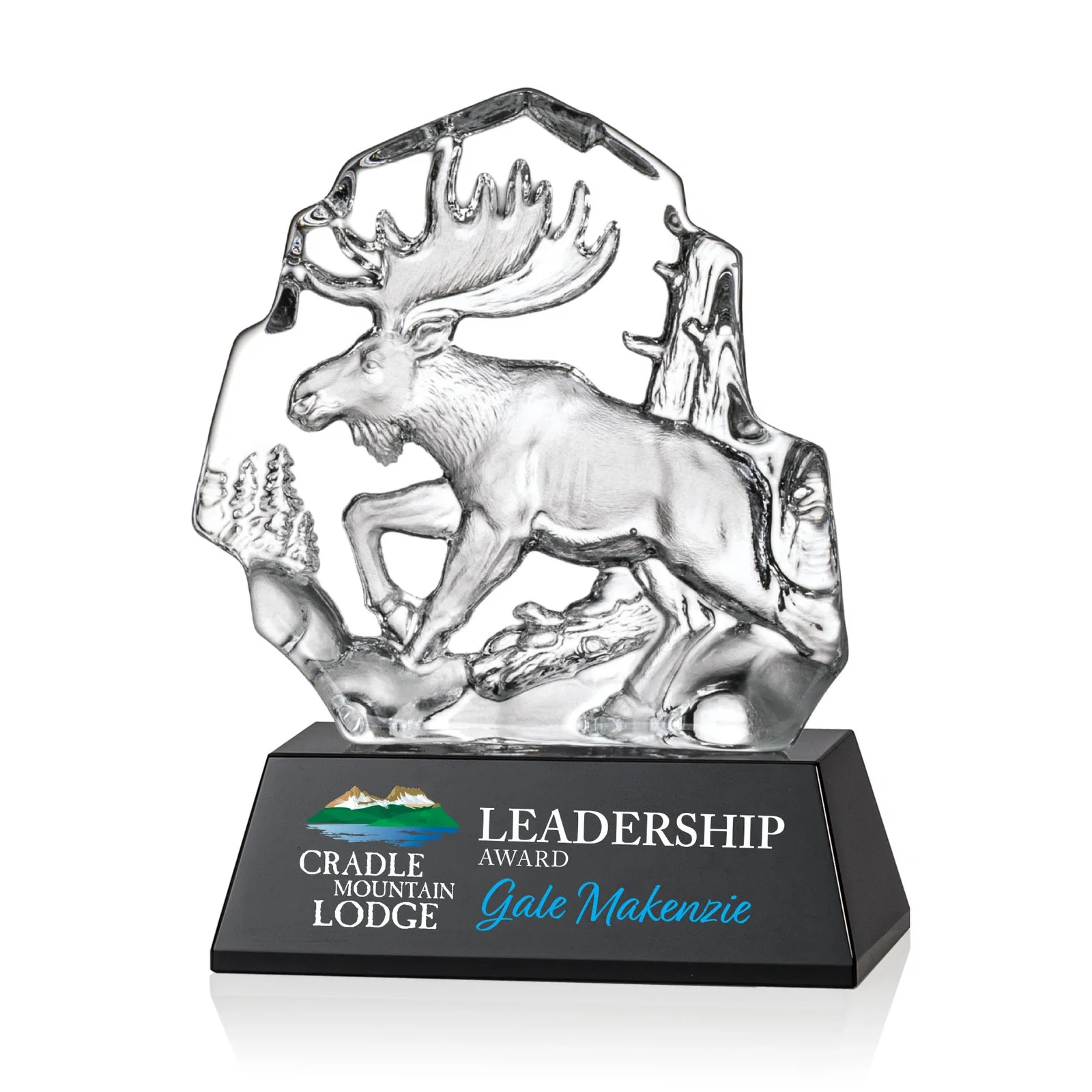 Custom Optical Crystal Iceberg Award With a Molded Moose, awards for company anniversary events
