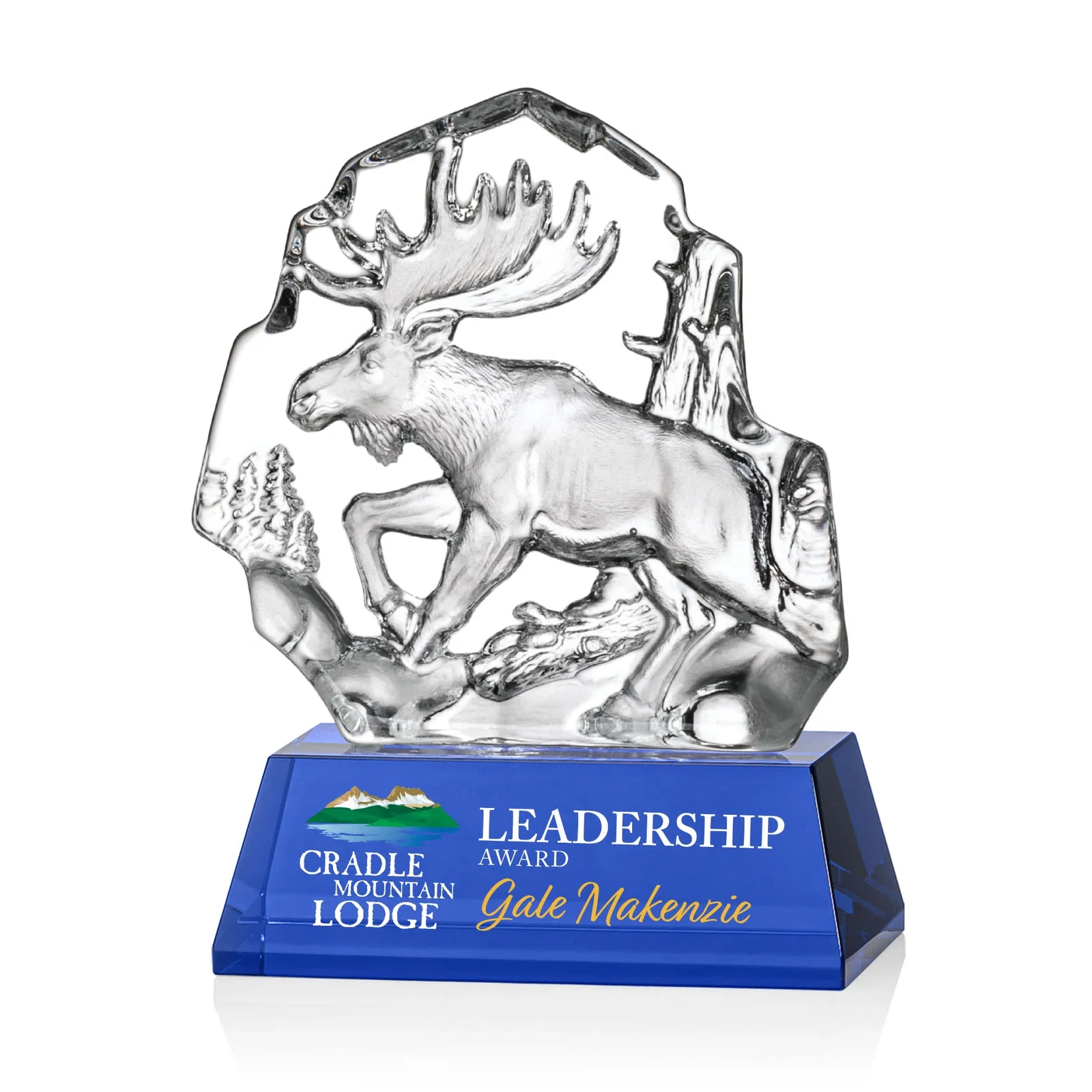 Personalized Optical Crystal Iceberg Award With a Molded Moose, awards for employee recognition
