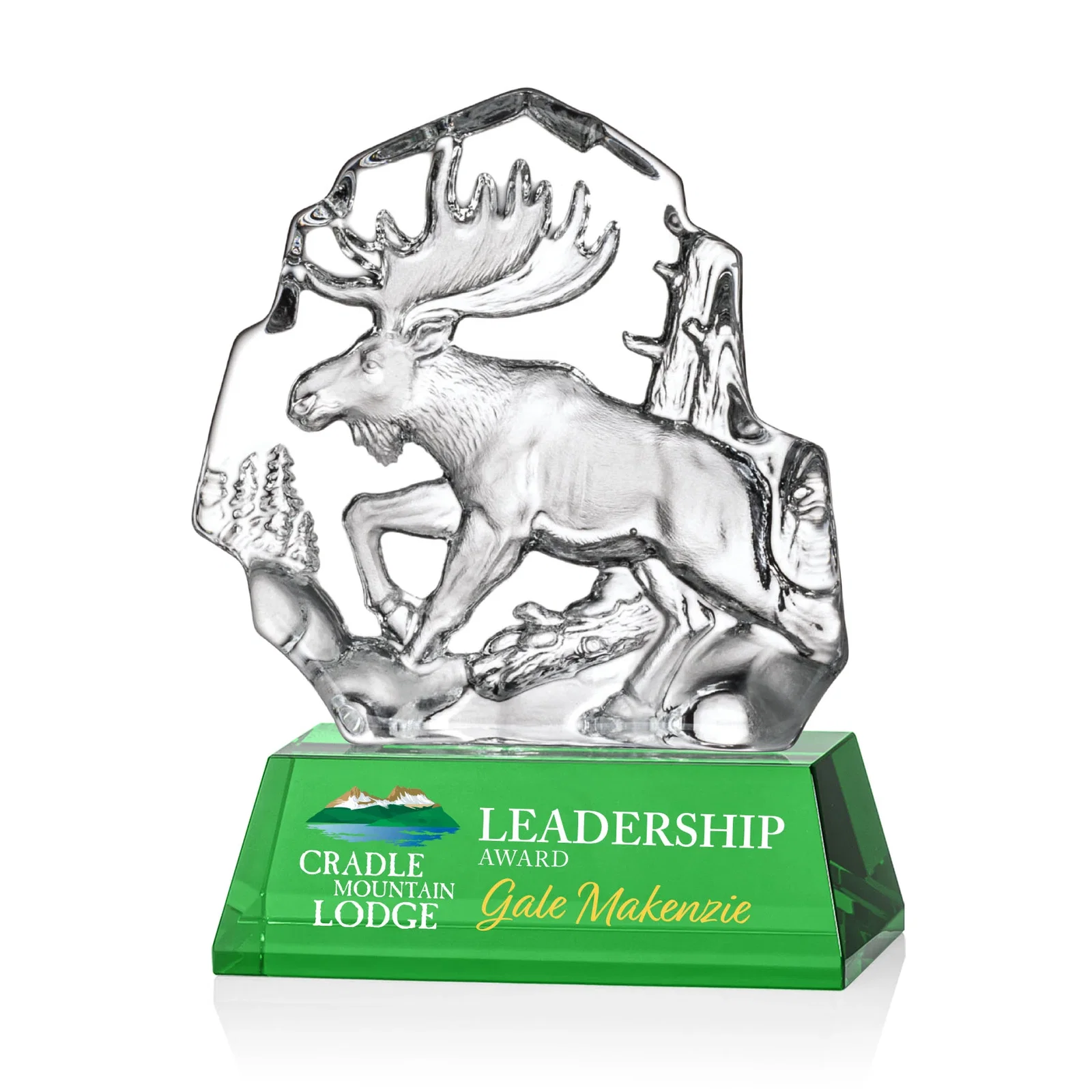 Personalized Optical Crystal Iceberg Award With a Molded Moose, awards for corporate award ceremonies