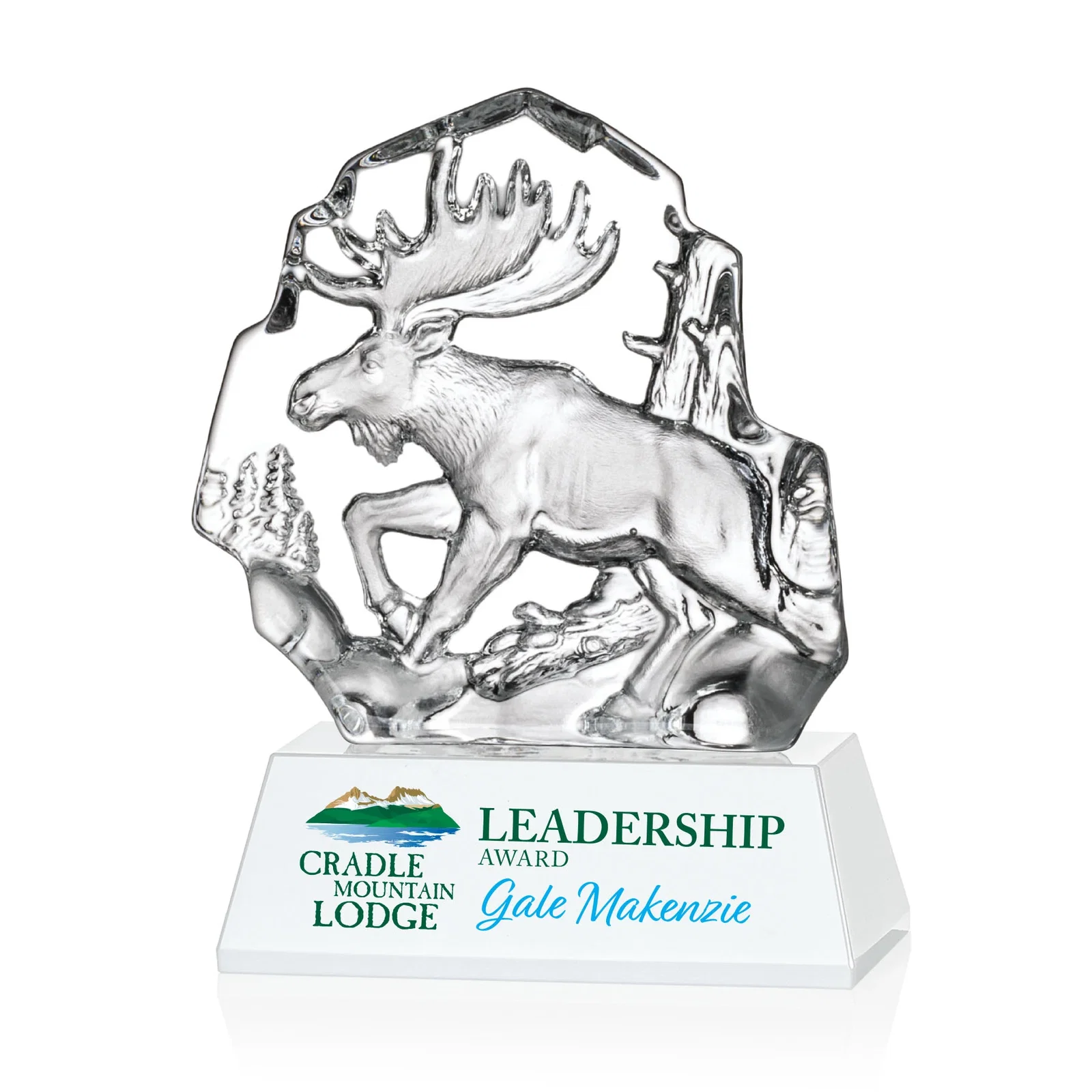 Personalized Optical Crystal Iceberg Award With a Molded Moose, awards for sales achievement awards