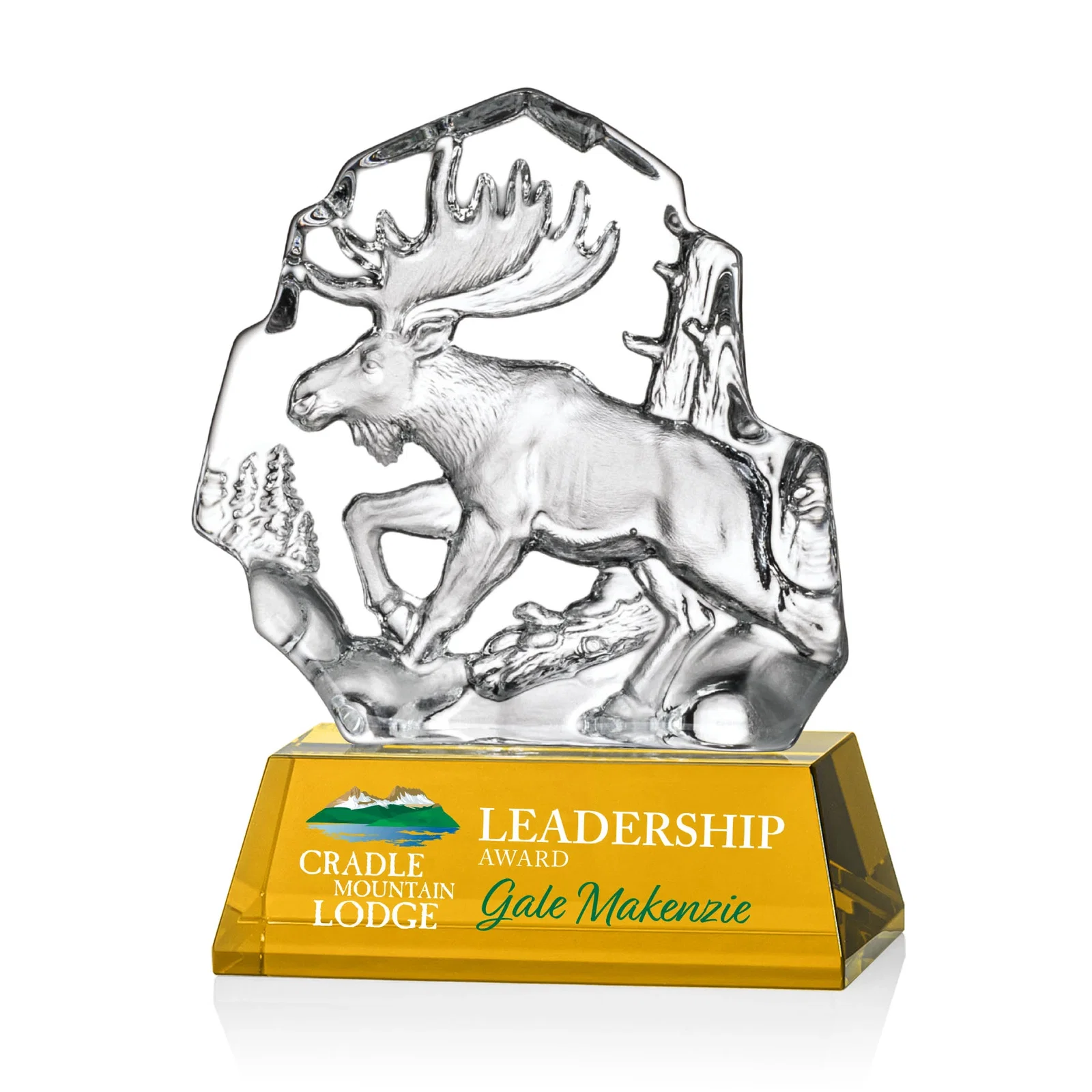Personalized Optical Crystal Iceberg Award With a Molded Moose, awards for retirement presentations