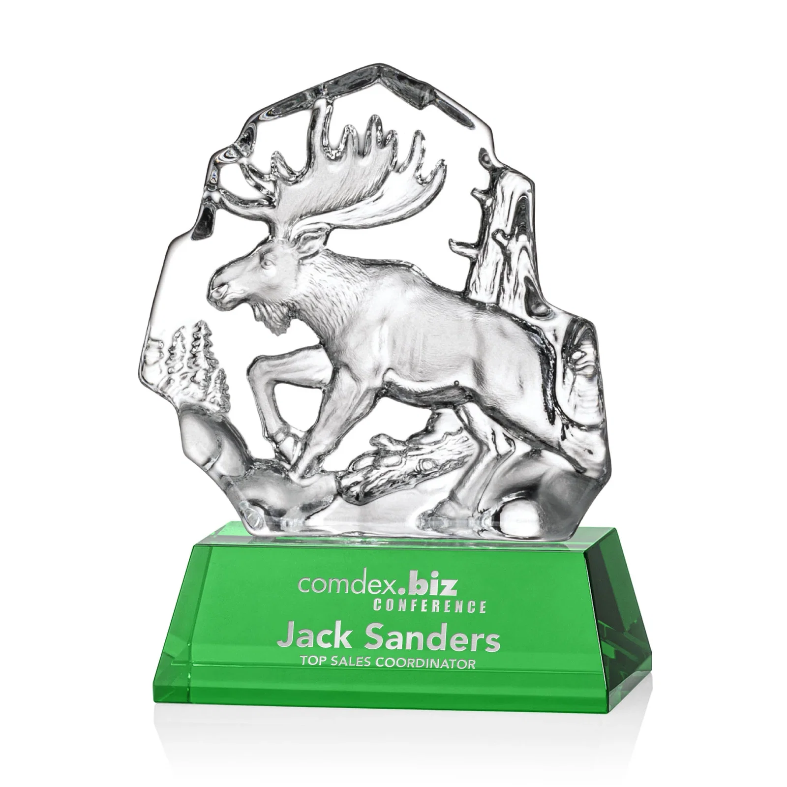 Custom Optical Crystal Iceberg Award With a Molded Moose, awards for retirement presentations
