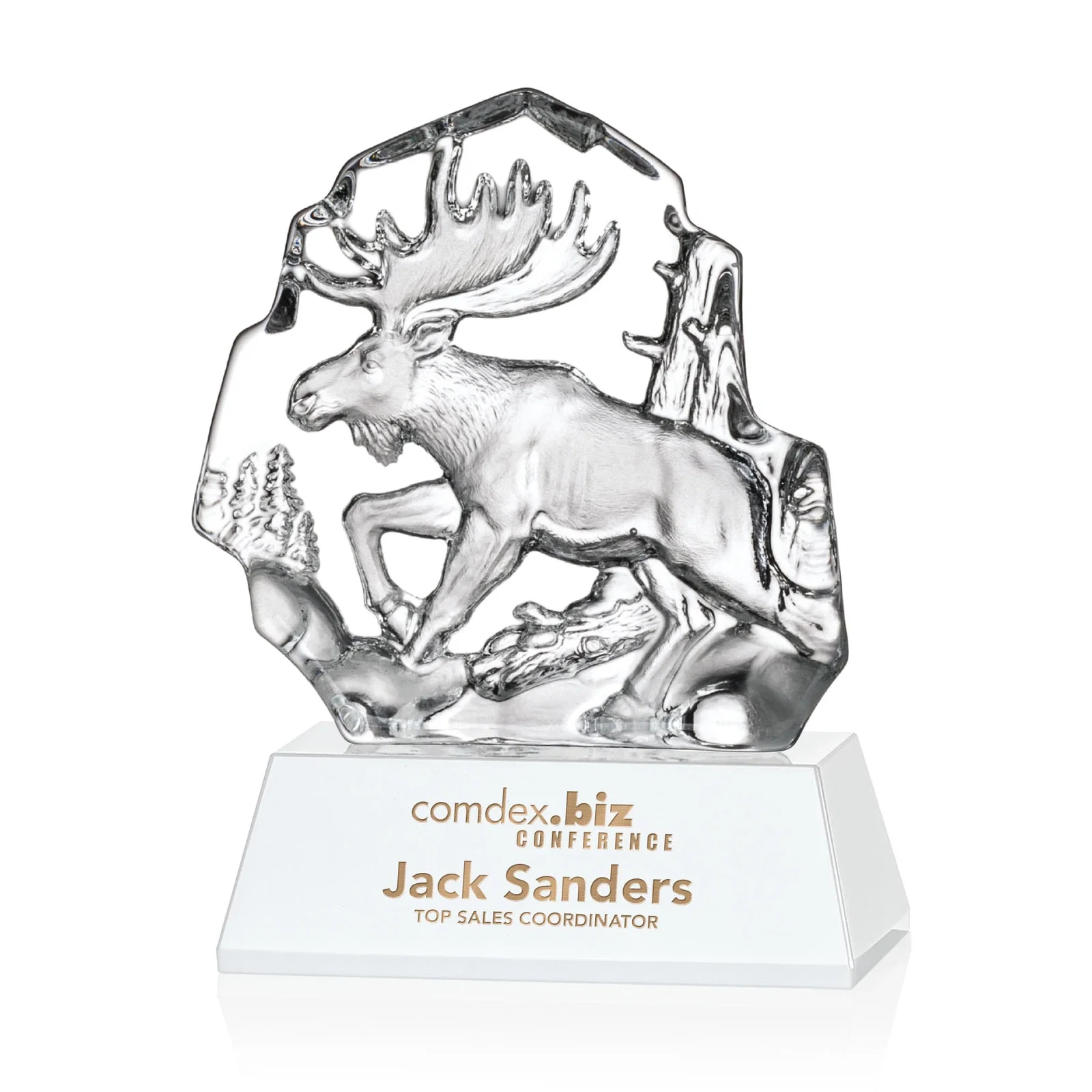Custom Optical Crystal Iceberg Award With a Molded Moose, awards for donor appreciation