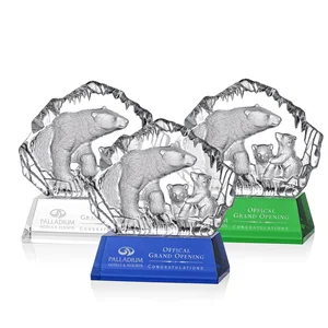Optical Crystal Iceberg Award With a Molded Polar Bear Family