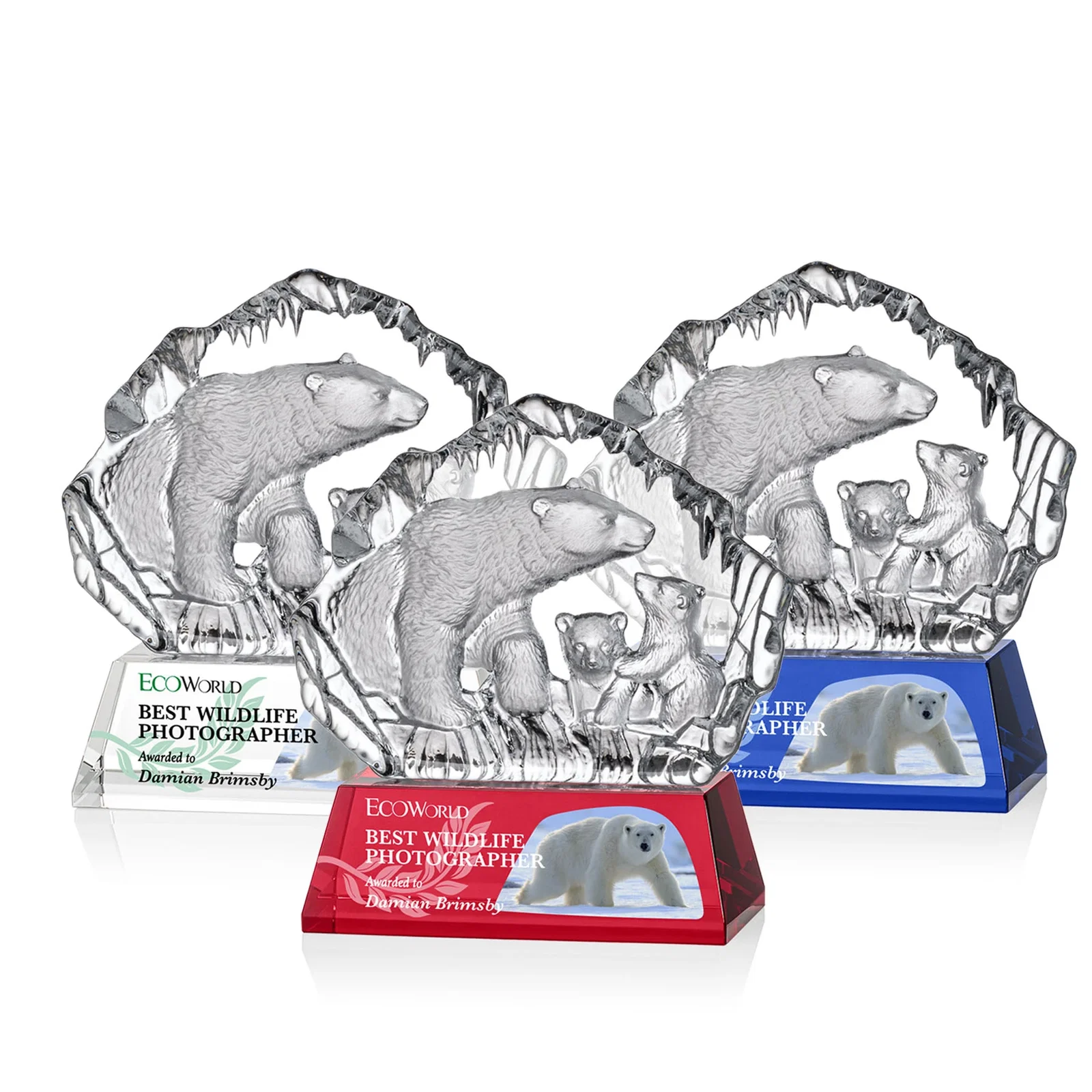 Custom Optical Crystal Iceberg Award With a Molded Polar Bear Family, awards for volunteer appreciation