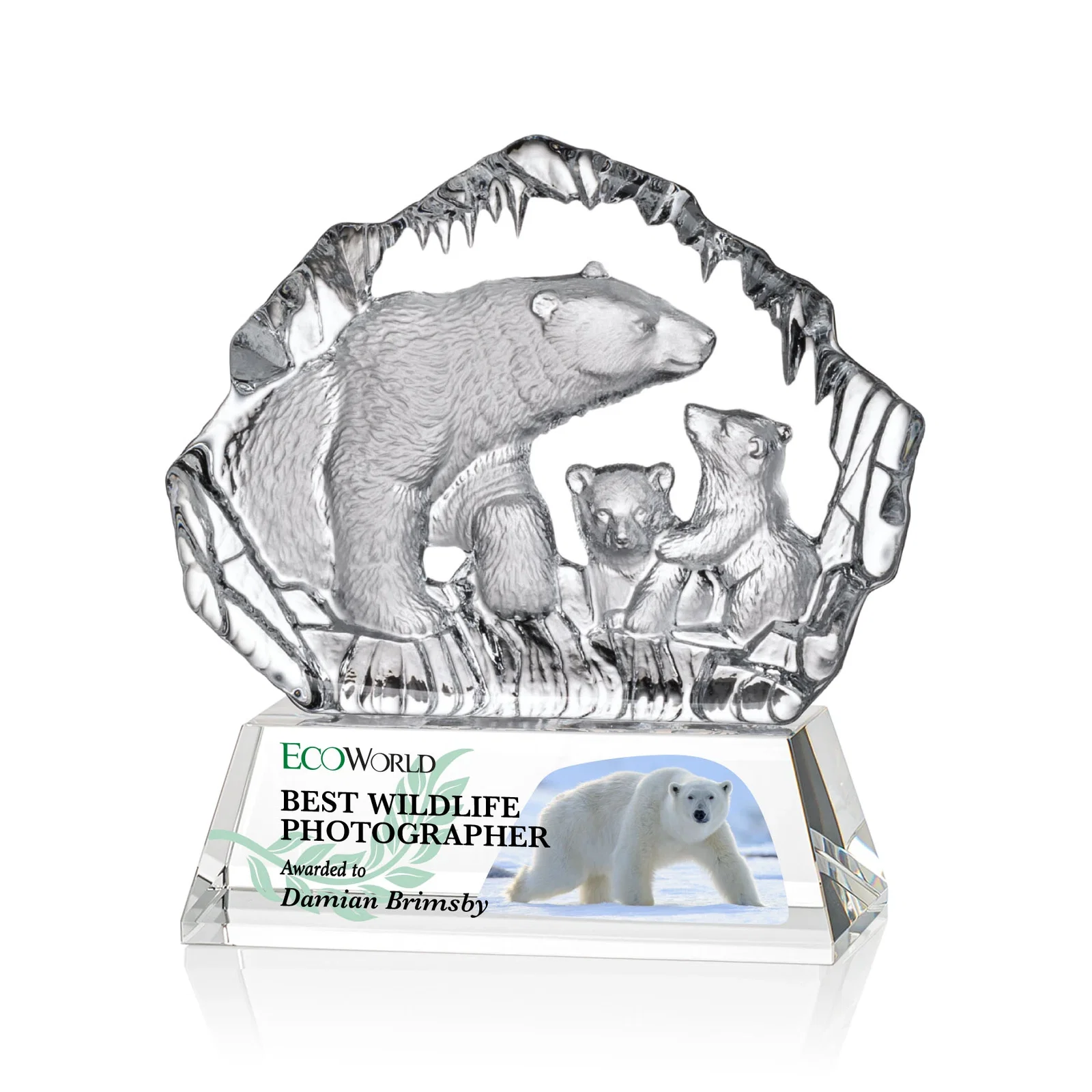 Custom Optical Crystal Iceberg Award With a Molded Polar Bear Family, awards for dealer and partner awards