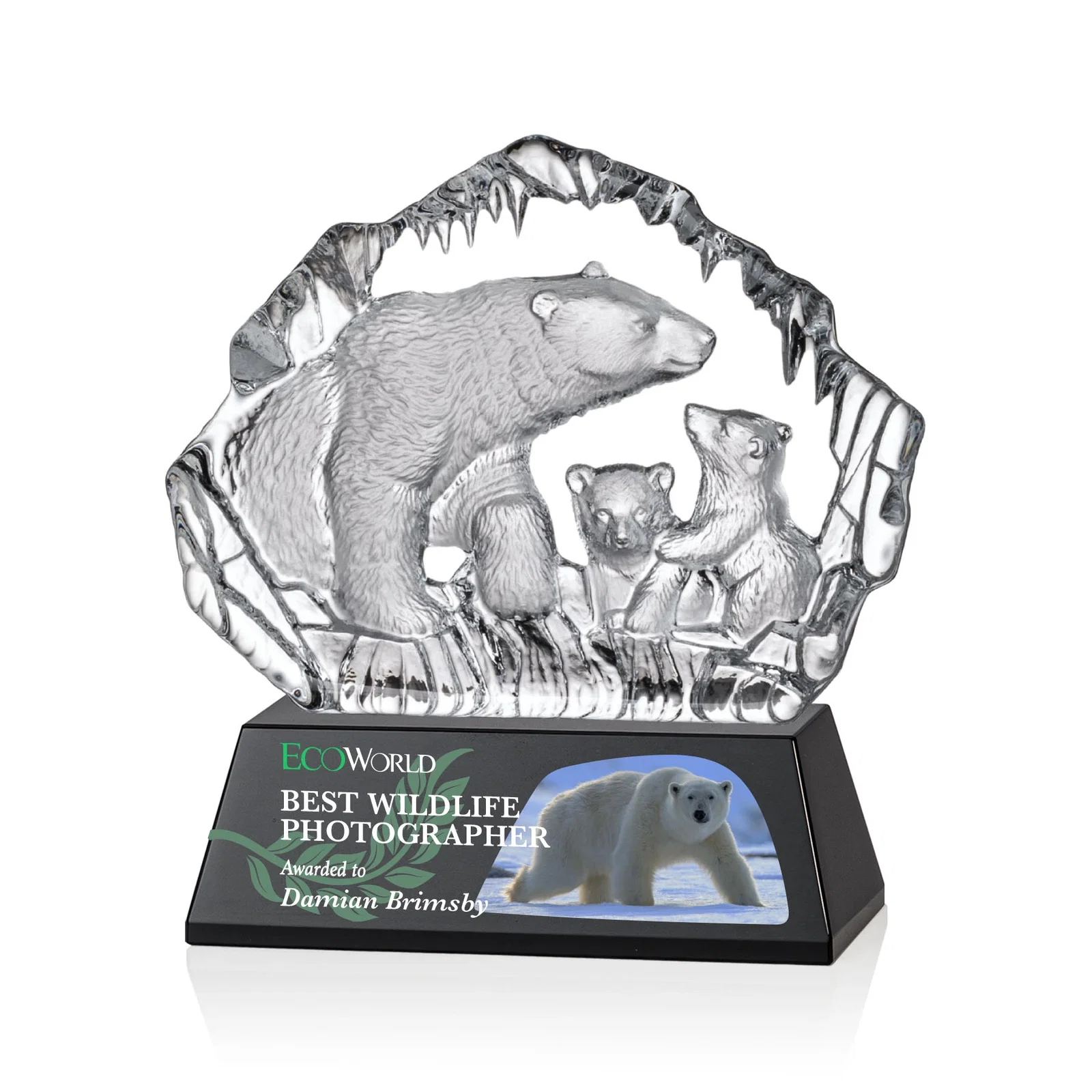 Custom Optical Crystal Iceberg Award With a Molded Polar Bear Family, awards for company anniversary events