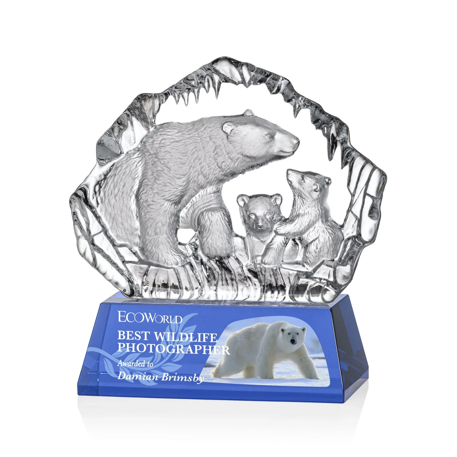 Personalized Optical Crystal Iceberg Award With a Molded Polar Bear Family, awards for employee recognition